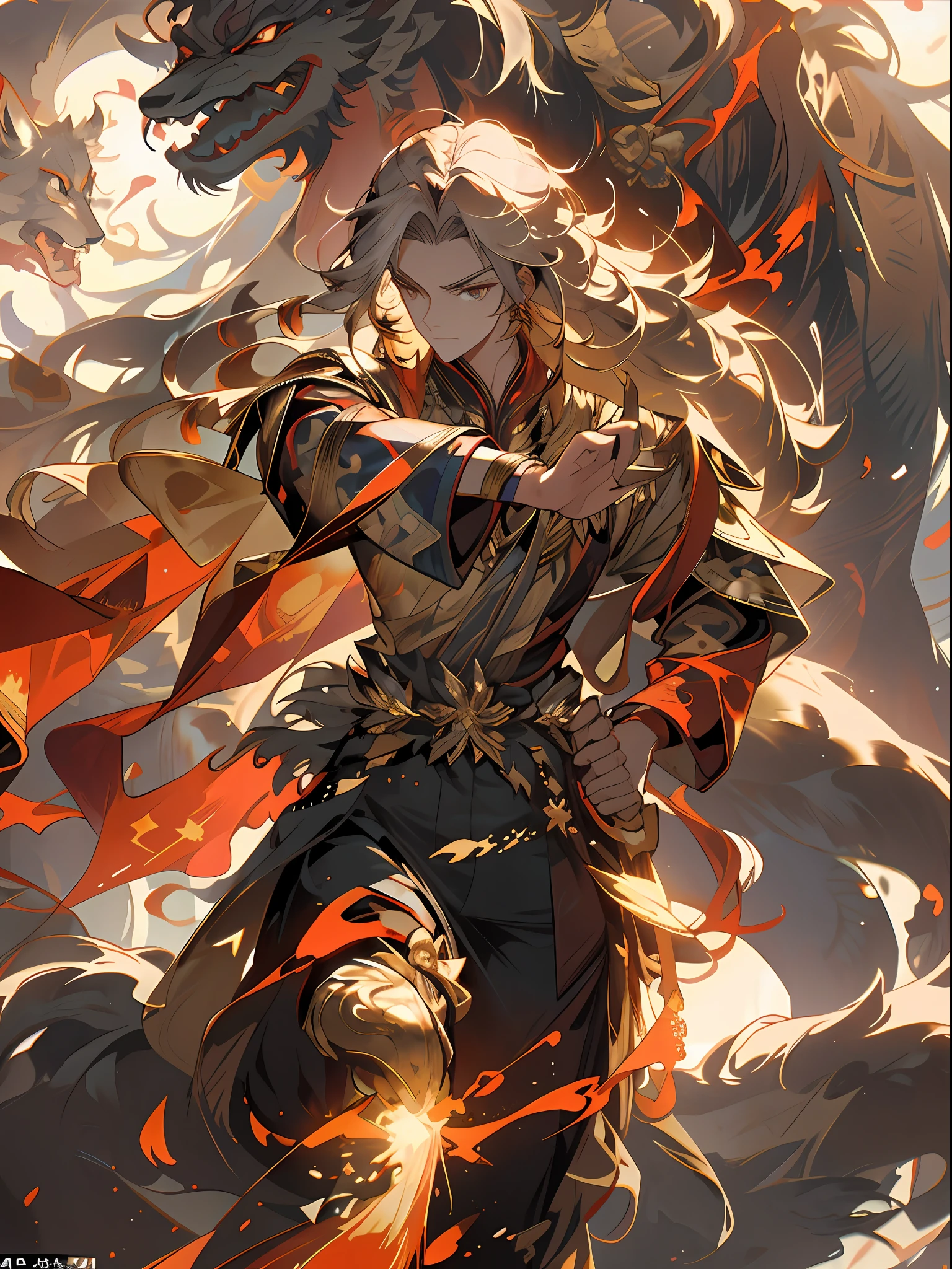 Oist,(tmasterpiece:1.2),best qualtiy, A beautiful woman,long and flowing hair,glittery, A long sword in his hand,,It emits a cold light, Surrounded by flames and lightning particles. The woman wears red and blue intersecting armor, Giant fox on the left,The majestic gesture and the surroundings are butterflies. Lightning surged around them, creating an opulent atmosphere. The image is in high definition,Capture the highlights of this epic battle