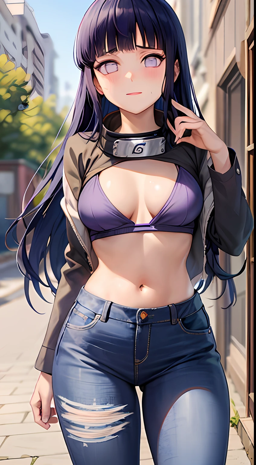 obra-prima, Altas, alta qualidade, rosto detalhado, render corpo detalhado, 1girl, sozinho, hyuuga hinata, hinata-sleevless-outfit, middlebreasts, cabelo curto, Small thorax, quadril largo, coxas grossas, sem camisa, barriga de fora, top, tampo da rede de pesca, Dark lips, no-bra, seios para fora, Dope, standingn, Blushes, (no quarto), tight jeans
