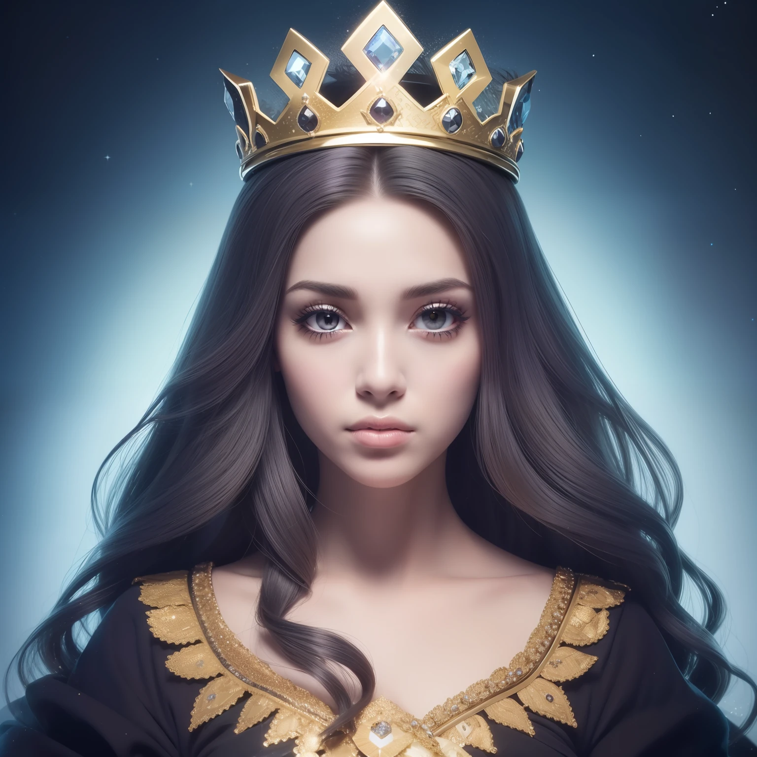 (princesa de olhos escuros), (large shiny crown on head), (olhar fixo para frente), (cebelo negro)