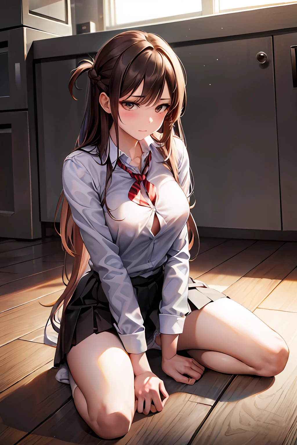 masterpiece, best quality, high resolution, high-resolution, (chi1, 1girl, long hair, braid, one side up), angle from below, skirt, shirt, white y-shirt, unbuttoned shirt, unbuttoned, pleated skirt, socks, black skirt, long sleeve, school uniform, black socks, dress shirt, troubled look,blush, wind-in-the-wind skirt, lift up skirt, crotch line, hip line, (white lace panties, panty shot), beautiful leg line, three-dimensional feeling of body parts, protruding underwear, realistic skin texture, focused feet, kneeling, knee spread, bright room, finger shift panty position, lighting from below, bitten panties, spread legs,m legs,