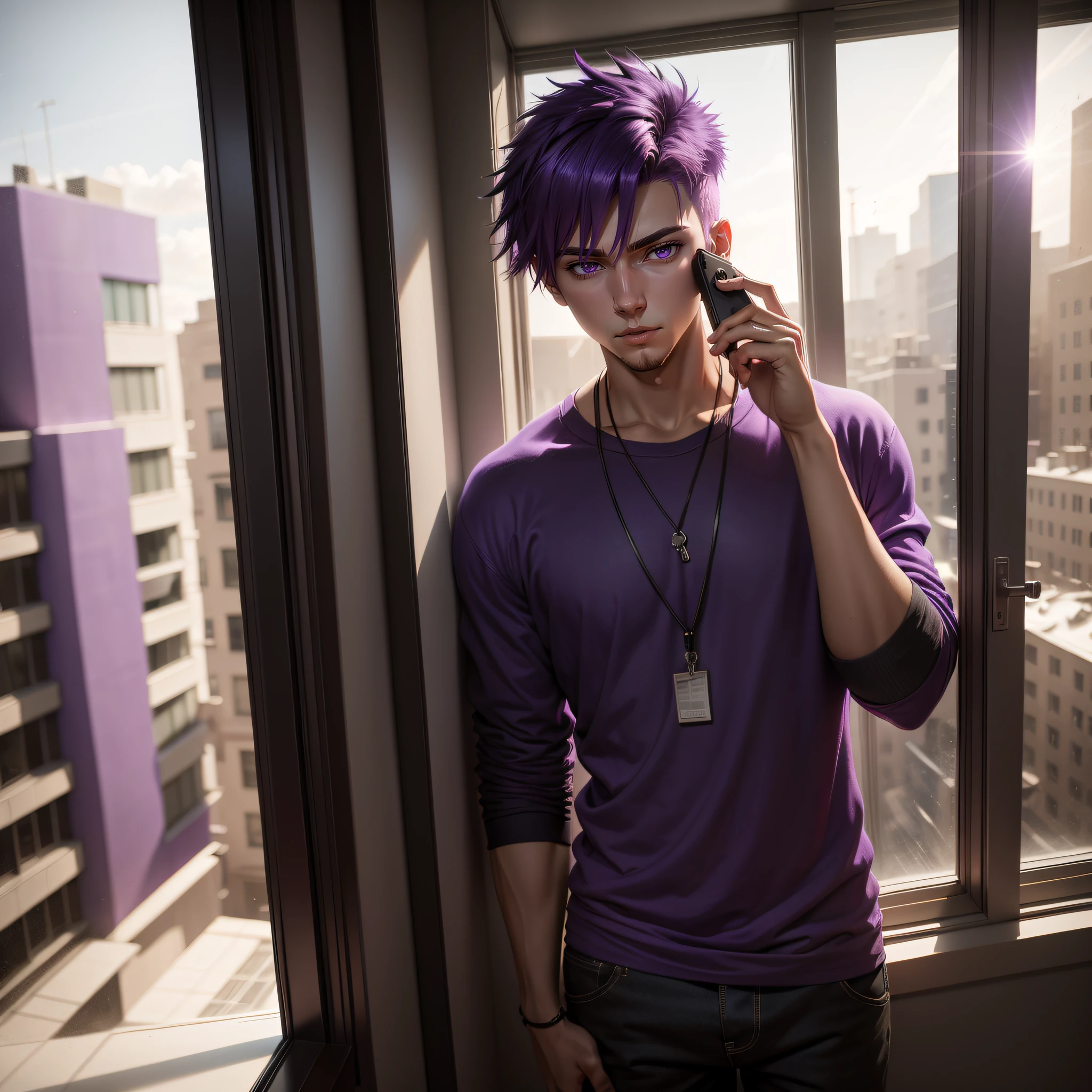 Young man with purple hair and purple clothes, talking on phone, By the window, Anime style, Chiaroscuro, Cinematic lighting, Wide shot, Ultra-wide angle, Masterpiece, Super detail, High quality, 8K