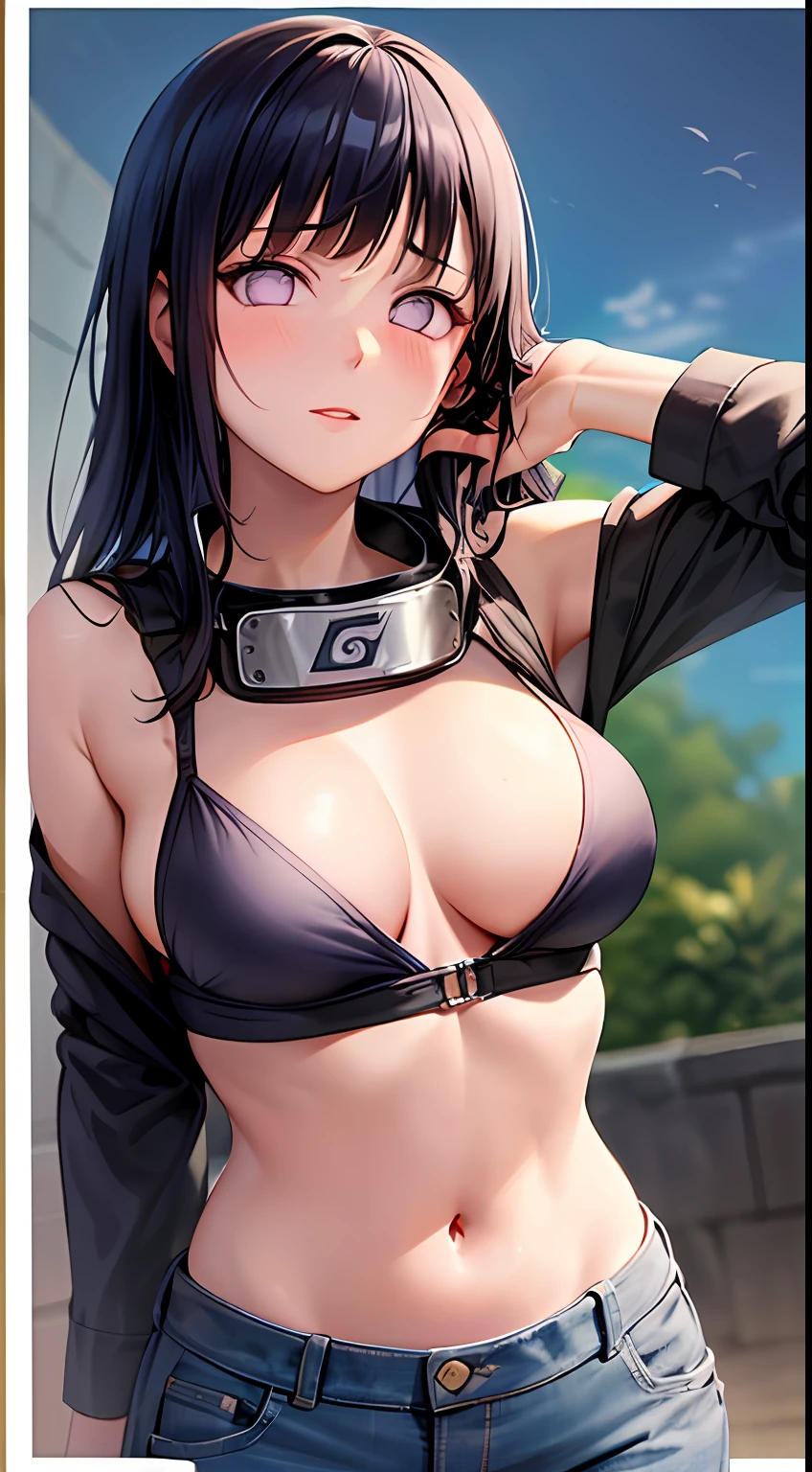 obra-prima, Altas, alta qualidade, rosto detalhado, render corpo detalhado, 1girl, sozinho, hyuuga hinata, hinata-sleevless-outfit, middlebreasts, cabelo curto, Small thorax, quadril largo, coxas grossas, sem camisa, barriga de fora, top, tampo da rede de pesca, Dark lips, no-bra, seios para fora, Dope, standingn, Blushes, (no quarto), tight jeans