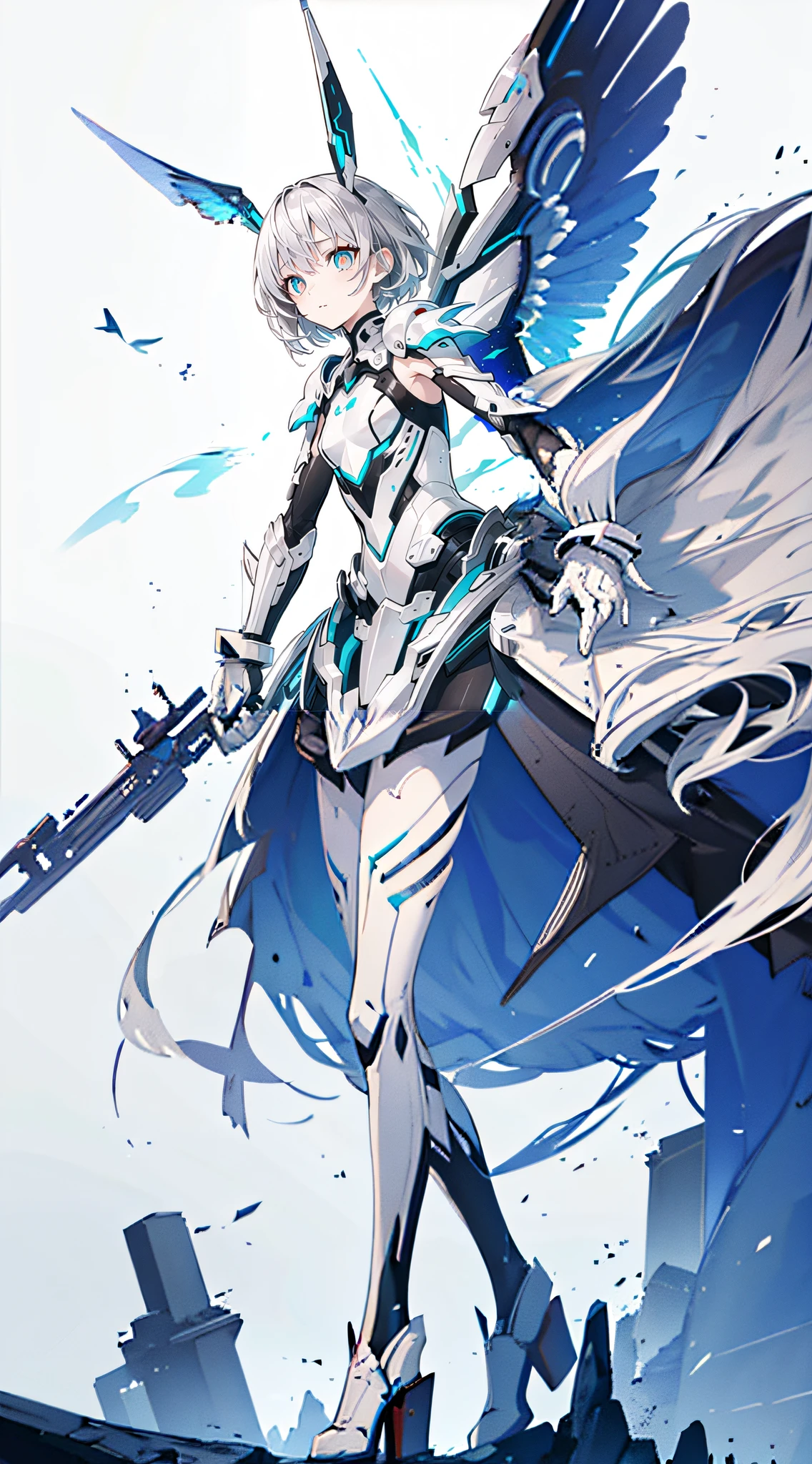 tmasterpiece,Best quality at best,flatcolors,Official fine art,White theme,(Hyper-detailing),(illustratio),only one girl,The proportions of the human body are correct,Stand on a platform,lowerbody,Mechanical wings,White mechanical legs,battle garment,with dynamism,++++(full bodyesbian),clean backdrop