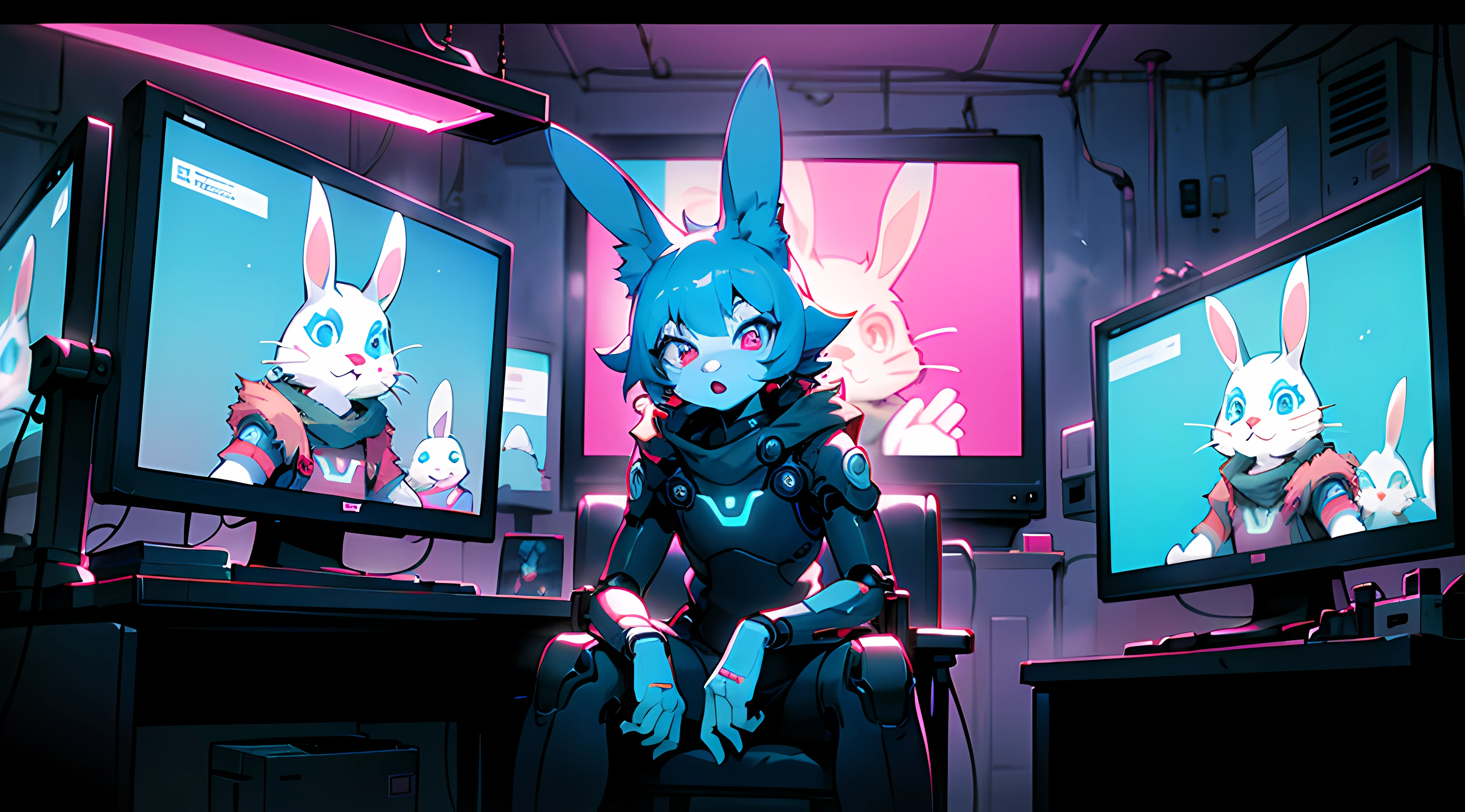 crt vhs screencap of a cel animation still from a 1980s neon dystopian anime about a cyberpunk anthro kemono furry blue rabbit girl who patrols the streets looking for criminal robots, cyberpunk art by Josan Gonzalez, behance contest winner, afrofuturism, synthwave, neon, glowing neon, (blame! style abandoned tech landscape), (Zen, Amy Sol style), (((beats to relax/study to))), (((Lofi anthro kemono blue-furred rabbit girl in power armor sitting in metal chair behind computer terminal, behind giant glass terminal screen, beats to relax/study to))), (((blue kemono beastars furry rabbit anime hacker with small soft furry paws))), (((suspended glass cyberpunk computer terminals with robot rabbit in background))), ((glowing cyberdeck screens)), (underground, dark, foggy, perilous, abandoned dystopian apartment bedroom, deep windows), (abstract anthro rabbit figure wearing bunny ears), cover art with light abstraction, abstract, simple vector art, contemporary Cybernetic art, color gradients, soft color palettes, layered forms, whimsical animation, style Ethereal abstract, 4K, --v6
