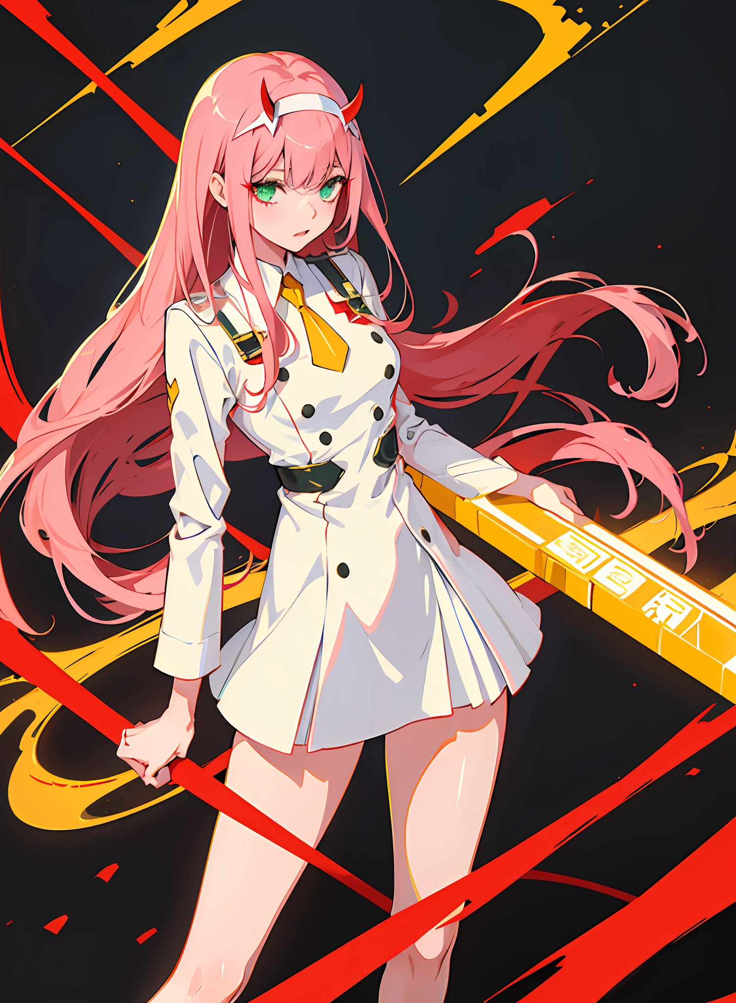 zero two \(darling in franxx\), darling in franxx, 1girl, bangs, bite, shadow, long hair, small breasts, large thighs, makeup, red dress with details, yellow tie, belt, Pantyhose, green eyes, pair of small red horns, pink hair, red eyeshadow, tight skin, solo