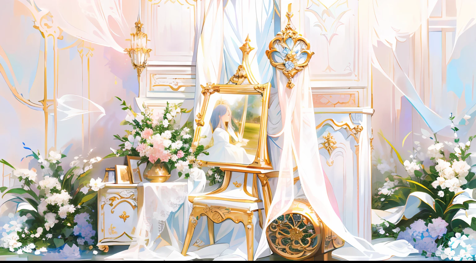 In front of the wall there is an easel with mirror and chairs, Ethereal and dreamy theme, In white bohemian style, dreamy and detailed,, dreamy atmosphere and drama, baroque style painting backdrop, Dreamy atmosphere, Gorgeous and complex background, ethereal details, romantic setting, dreamy scenes, dreamy ethereal vibe, Dreamy style, Dreamy and ethereal，Dreamy style, Dreamy and ethereal，Meadows surrounded by flowers，There are European-style door frames on the grass，A white lace scarf was draped over the door frame，In front of the door frame is the easel，Flowers on easel photo frame，Dreamcatcher.com.。.com.。.。.com，On the left is the cabinet，The cupboards were filled with candles and flowers，Beautiful scene，exquisitedetails，rays of sunshine，Warm lighting，Natural soft light，white colors，In pink，higher details,No Man