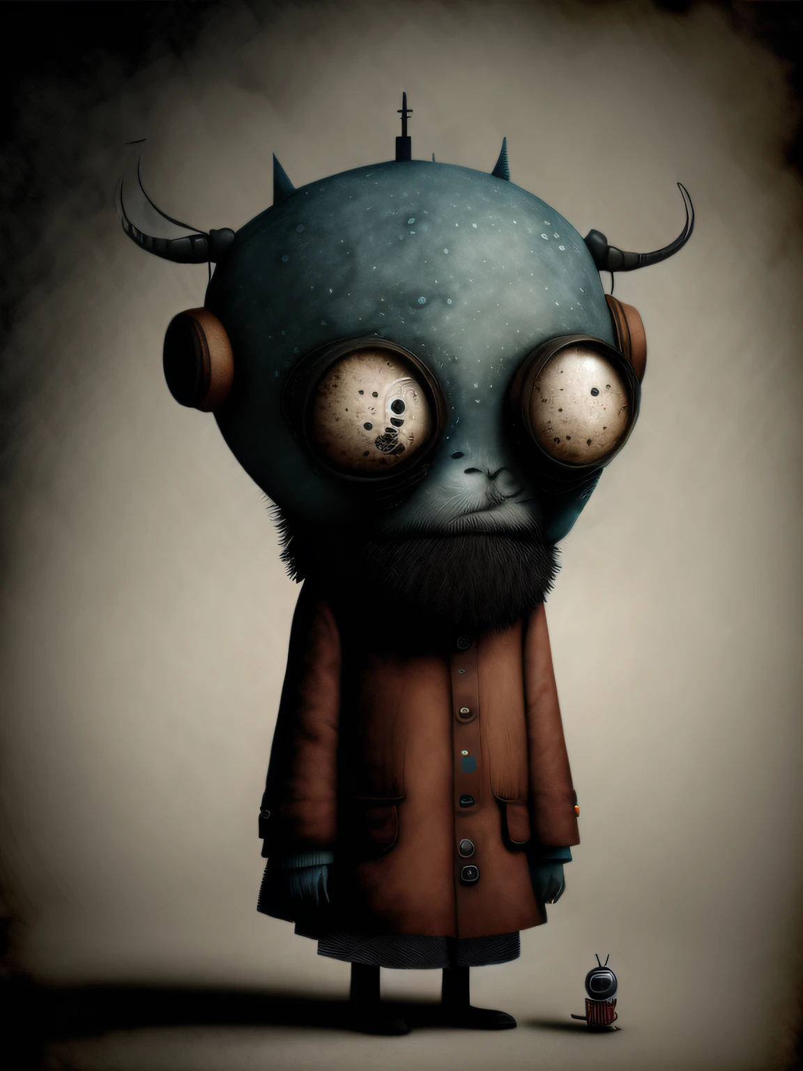 calle con Tres personajes de dibujos animados vestidos con abrigos y sombreros se paran juntos, Anton Semenov, Personajes de Maquinarium, Pupilas dot, Tres ojos, Seis de Little Nightmares, 3 cabezales, Tres cabezas, sonrisas espeluznantes, Tres ojos, Somber, por Yi Inmun, por Tadeusz Brzozowski, pocos globos oculares, horripilante!!, Arte conceptual post grunge