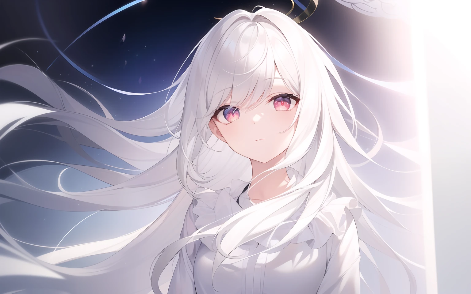((Masterpiece, Best quality))++, Detailed light+, Detail hair+, detail hand+ ,1girll, woman, Long hair, dark red eye, Beautiful eyes, Young gray hair,,(Beautiful white hair:1.5),(Beautiful detailed eyes), high resolution+, The shirt , White skirt, Glass tones, Reflective eyes, ((Halo)), {{Angle}} , extremelydetailedwallpaper, Original, butterflys