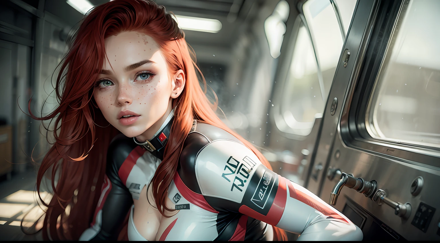 Hard breast, redhead, red hair, freckles, long straight hair, European youth, perfect body, (perfect body), ass focus. complete pilotsuit, adjusted pilotsuit, white pilotsuit, detailed face, detailed eyes, fashion photorealism, photography, sharpness, unique 850 4, rich color, hyperrealistic texture, spectacular light texture, surreal art, Cinestil 800 fashion mechanism
