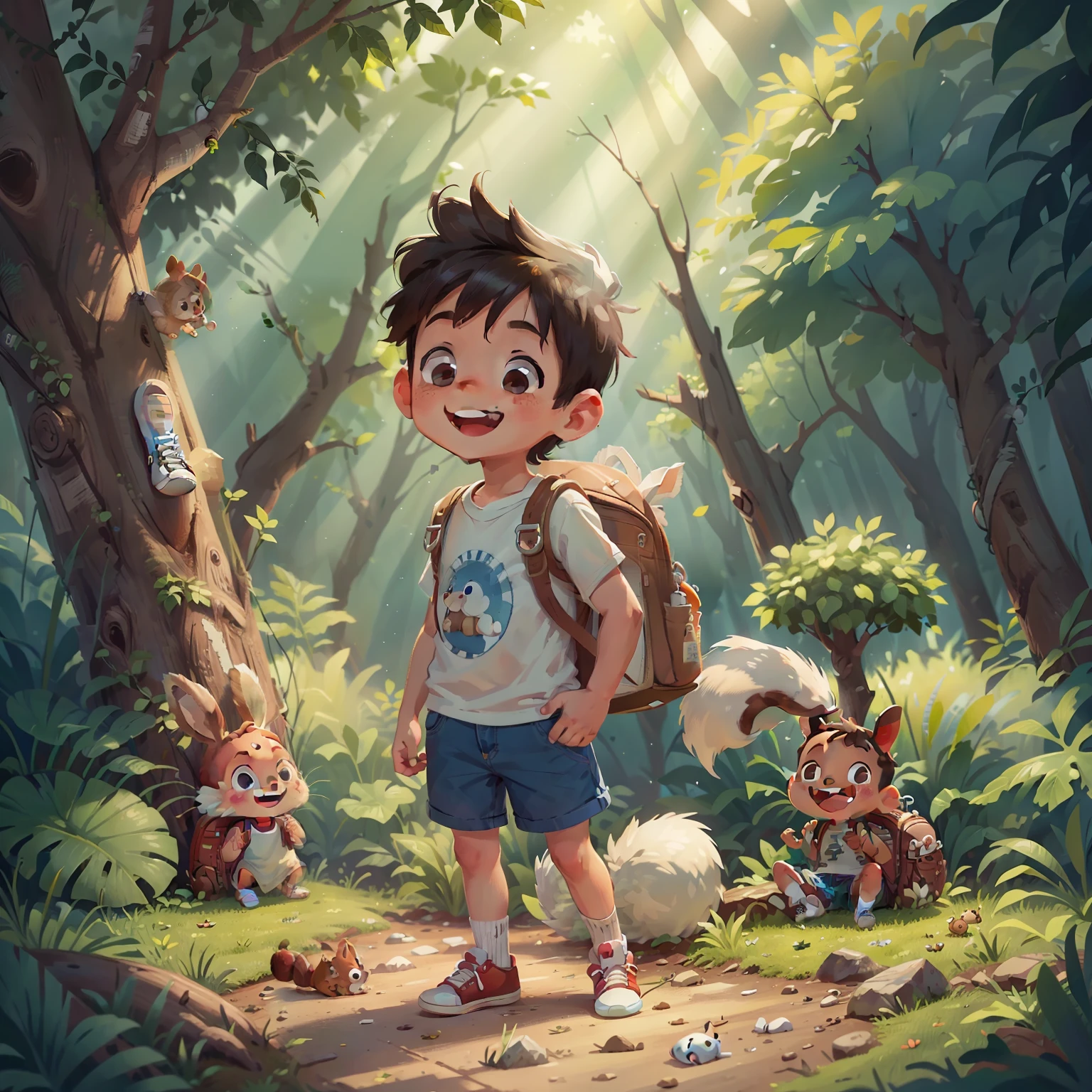 just a boy alone, 5 *********, smiling, plain white shirt, denim shorts, backpack, Allstar Sneakers, encounters a rabbit on the ground and a squirrel in a tree in an Enchanted Forest. high quality