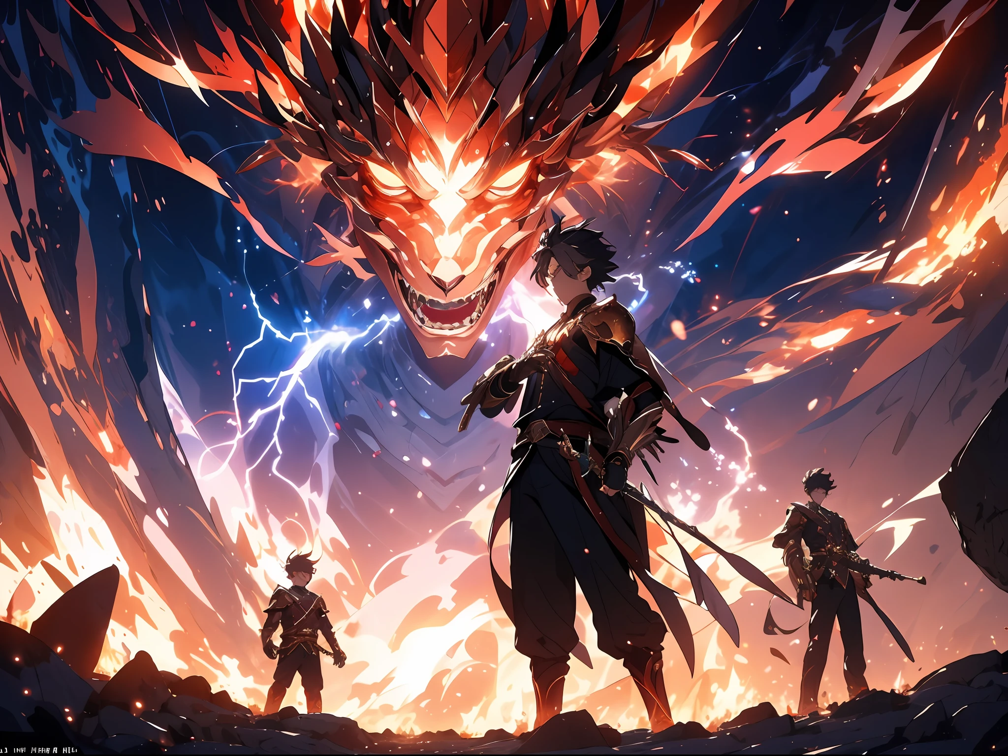(tmasterpiece:1.2),best qualtiy, A handsome and decisive sparkles, Armed with a glittering sword,It emits a cold light, Surrounded by fire and lightning particles. He wears black and red intersecting armor, It was like a bolt of lightning piercing the night sky. , Majestic gestures and trampling on fiery flames. Flames surged around them, creating an opulent atmosphere. The image is in high definition,Capture the highlights of this epic battle.