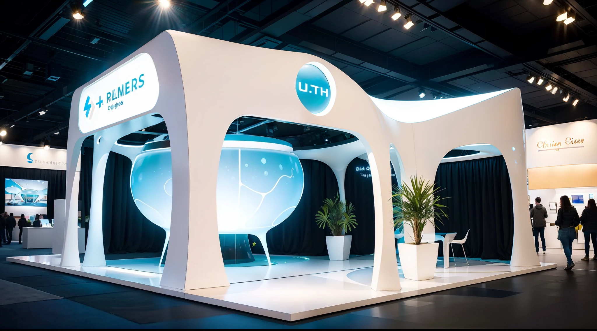light circles： f/8 - F/16，Focalors： 35mm， Low distortion， mesmerising，Booth renderings， Ultra photo realsisim， RAW photogr， Sharp focus， tmasterpiece，8K， best qualtiy，exhibition display，Space layout，Exhibits on display，Rendering of the oversized booth，International Convention and Exhibition Center，Special-shaped structure，White predominantly，Blue light，plants growing