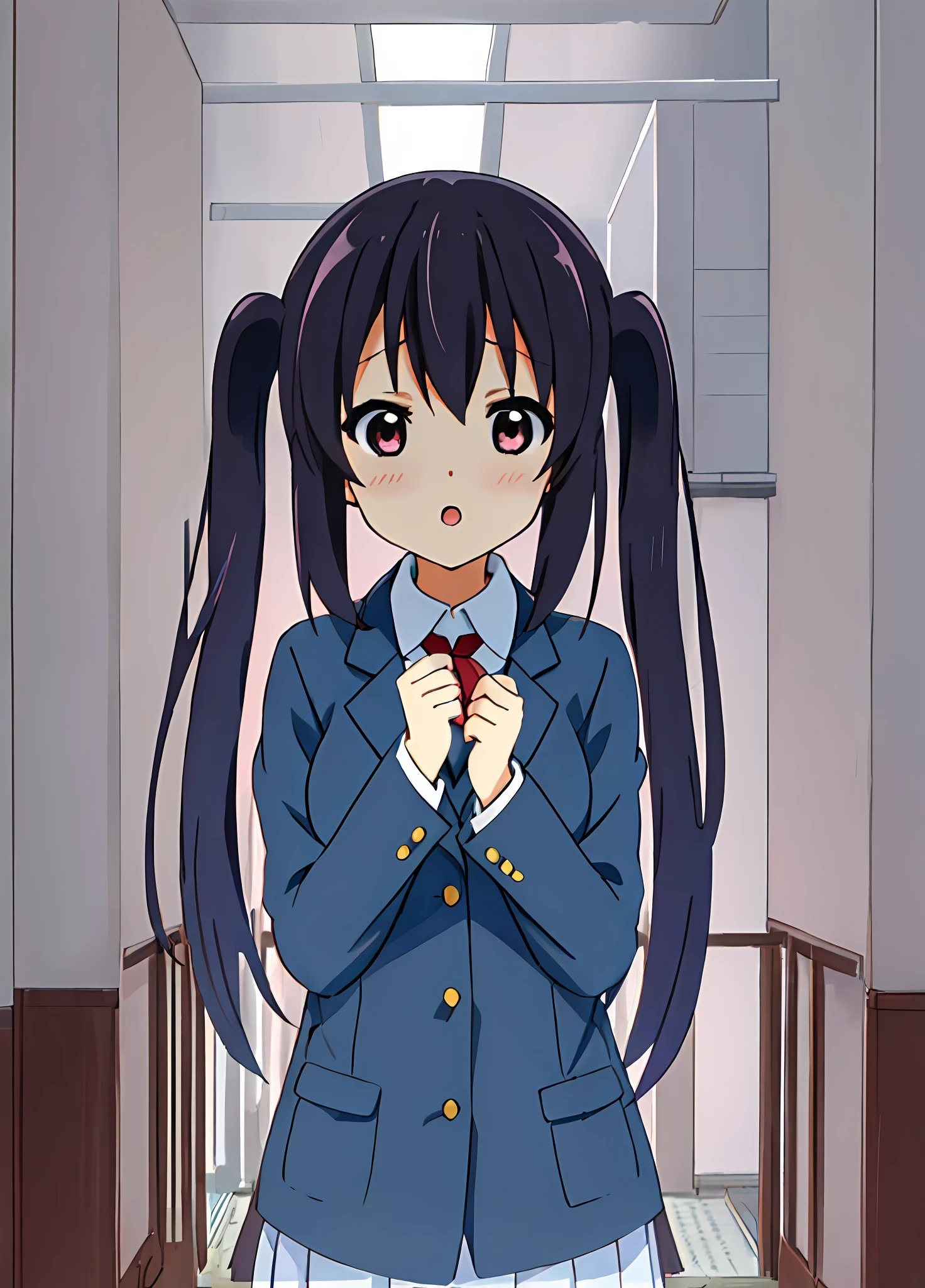 1girl in, (((masterpiece))), top-quality, top-quality, high details, nakano azusa, 1girl in, Sakuragaoka High School Uniform, student clothes, Twin-tailed, length hair, A dark-haired, Brown-eyed, 独奏, reddish, Dark blue blazer with thin red ribbon, Solid white buttoned shirt under blazer, illustratio, comic strip, Soothing tones, Subdued Color, Soft cinematic light, adobe lightroom, Photolab, nffsw, intricately and hyper-detailed、(((depth of fields))))。(((masterpiece)))。(((top-quality))).)((ultra-detailliert)))。(((illustratio)))。(((takeout))).Dynamic Focus.big breasts.(((highrise buildings))).(((A city scape))).(((Face of sadness))). Open mouth.(((put hands on the hip))).(((up chest))).((evening glow)).((the setting sun)).