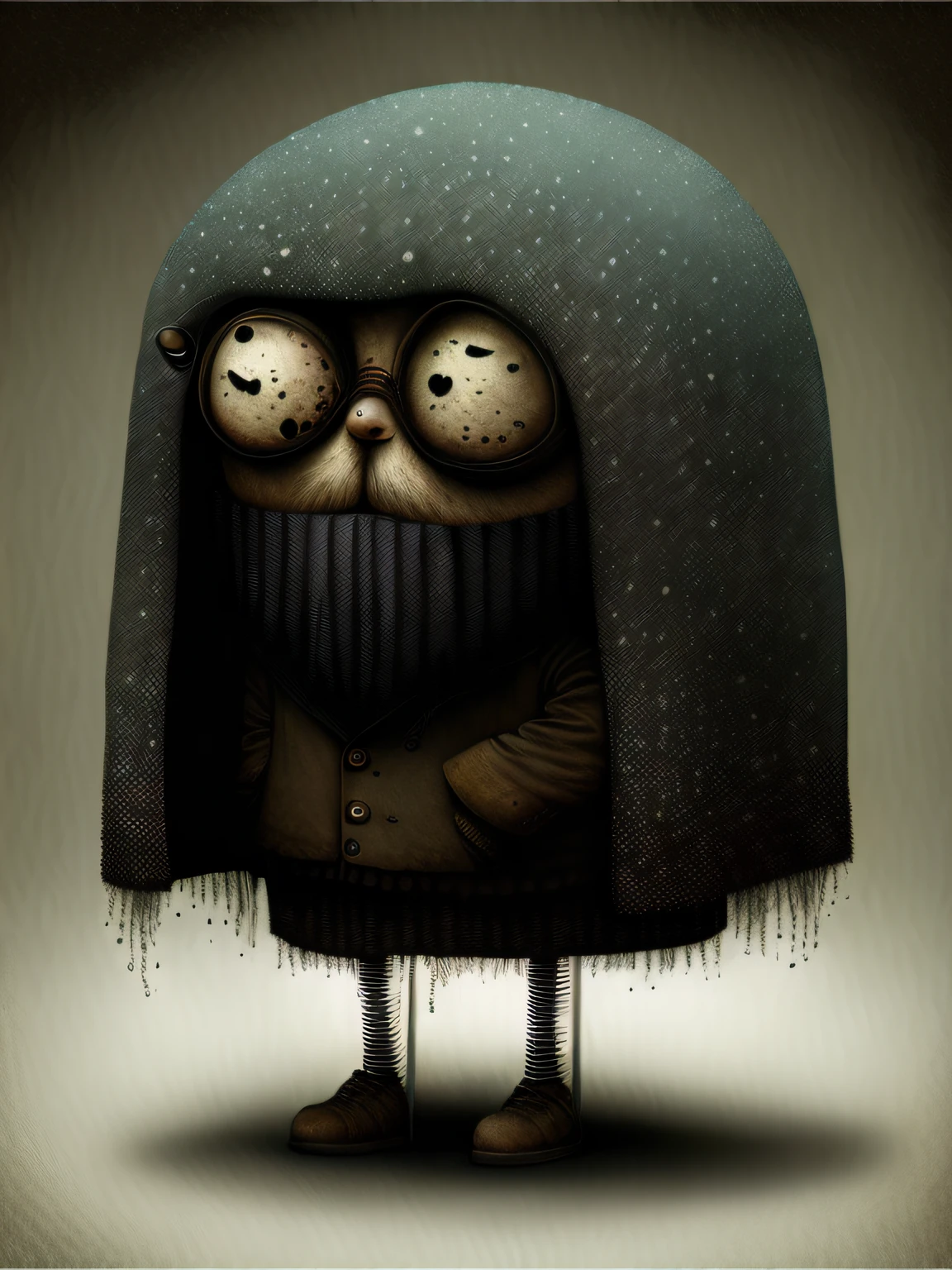 Almuerzo de Tres personajes de dibujos animados vestidos con abrigos y sombreros se paran juntos, Anton Semenov, Personajes de Maquinarium, Pupilas dot, Tres ojos, Seis de Little Nightmares, 3 cabezales, Tres cabezas, sonrisas espeluznantes, Tres ojos, Somber, por Yi Inmun, por Tadeusz Brzozowski, pocos globos oculares, horripilante!!, Arte conceptual post grunge