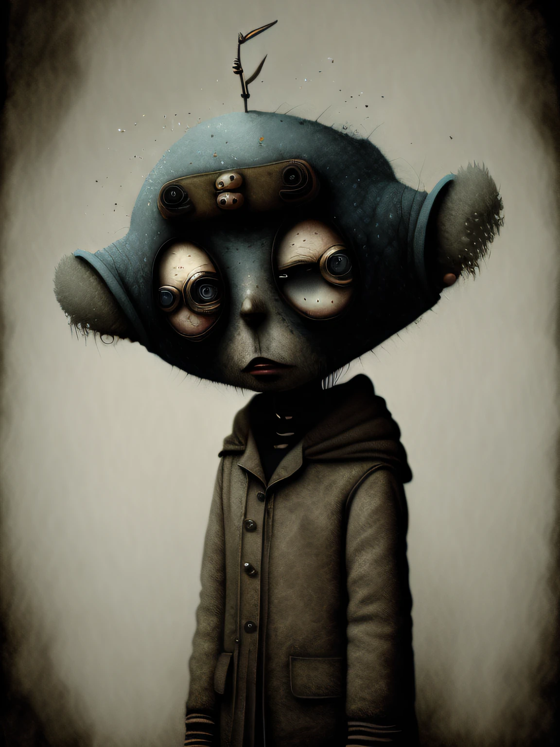 Almuerzo de Tres personajes de dibujos animados vestidos con abrigos y sombreros se paran juntos, Anton Semenov, Personajes de Maquinarium, Pupilas dot, Tres ojos, Seis de Little Nightmares, 3 cabezales, Tres cabezas, sonrisas espeluznantes, Tres ojos, Somber, por Yi Inmun, por Tadeusz Brzozowski, pocos globos oculares, horripilante!!, Arte conceptual post grunge