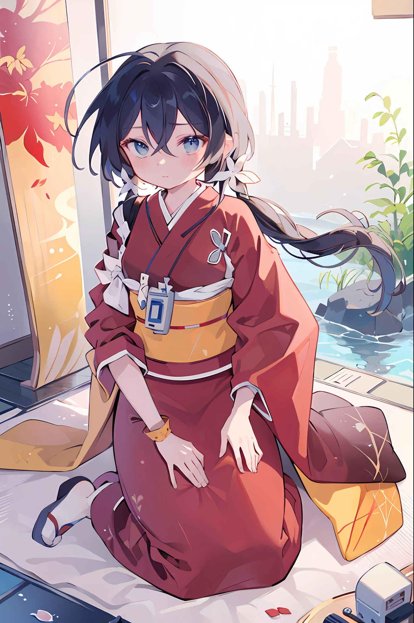 (masterpiece, best quality:1.2), solo, 1girl, izumi kyouka, expressionless, kneeling, long hair, low twintails, hair flower, hair ornament, japanese clothes, red kimono