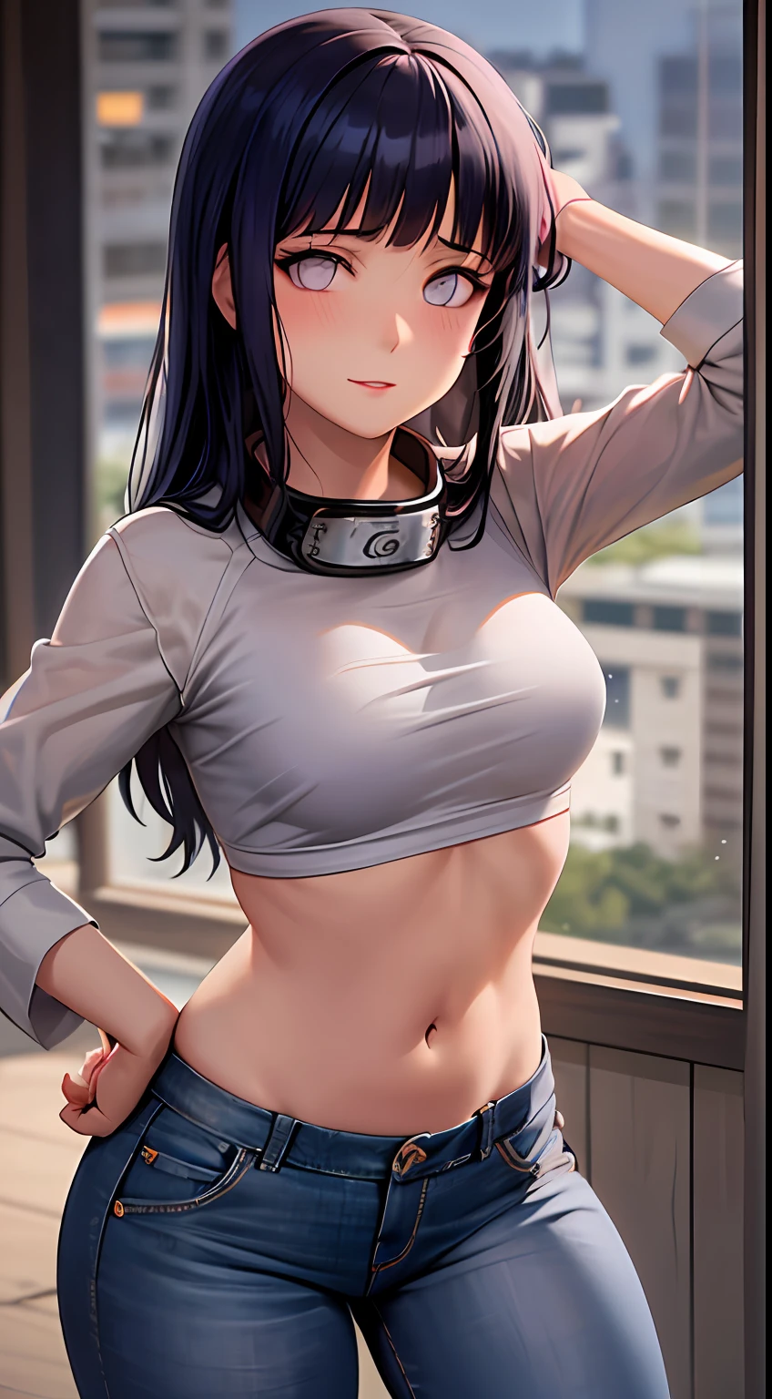 obra-prima, Altas, alta qualidade, rosto detalhado, render corpo detalhado, 1girl, sozinho, hyuuga hinata, hinata-sleevless-outfit, middlebreasts, cabelo curto, Small thorax, quadril largo, coxas grossas, sem camisa, sem blusa, corpo inteiro, barriga de fora, top, tampo da rede de pesca, Dark lips, no-bra, seios para fora, Dope, standingn, Blushes, (no quarto), tight jeans