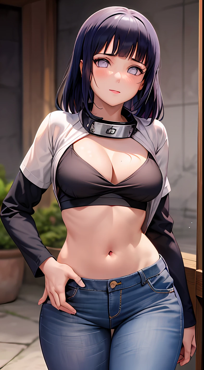 obra-prima, Altas, alta qualidade, rosto detalhado, render corpo detalhado, 1girl, sozinho, hyuuga hinata, hinata-sleevless-outfit, middlebreasts, cabelo curto, Small thorax, quadril largo, coxas grossas, sem camisa, sem blusa, corpo inteiro, barriga de fora, top, tampo da rede de pesca, Dark lips, no-bra, seios para fora, Dope, standingn, Blushes, (no quarto), tight jeans