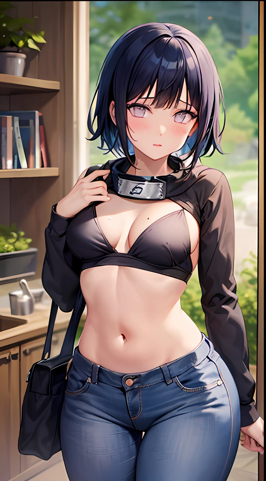 obra-prima, Altas, alta qualidade, rosto detalhado, render corpo detalhado, 1girl, sozinho, hyuuga hinata, hinata-sleevless-outfit, middlebreasts, cabelo curto, Small thorax, quadril largo, coxas grossas, sem camisa, sem blusa, corpo inteiro, barriga de fora, top, tampo da rede de pesca, Dark lips, no-bra, seios para fora, Dope, standingn, Blushes, (no quarto), tight jeans