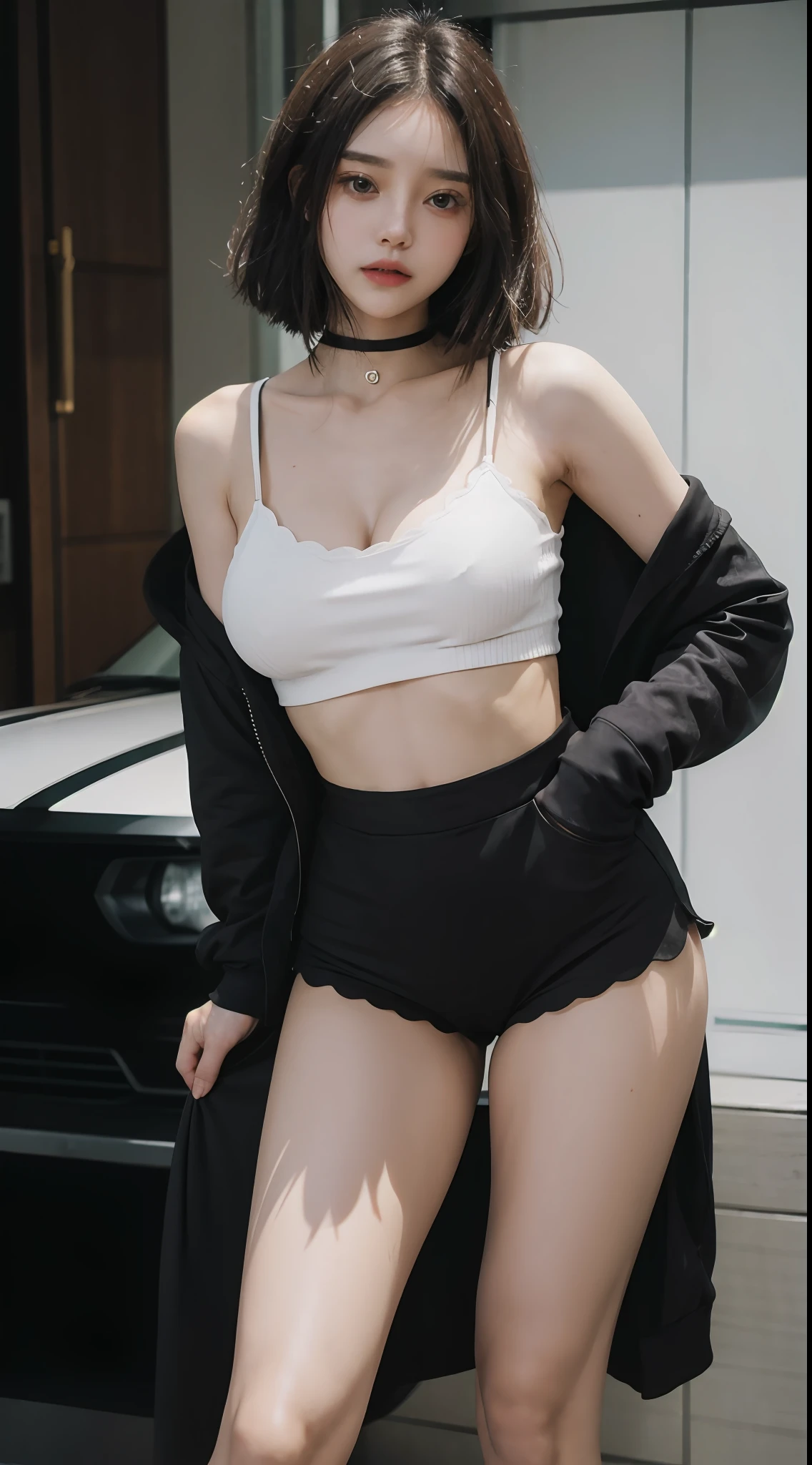 Raw photo, dynamic pose, 1girl, defined body, delicate face, choker, oversized hoody, scalloped black shorts, see-through leggings, at the club, masterpiece