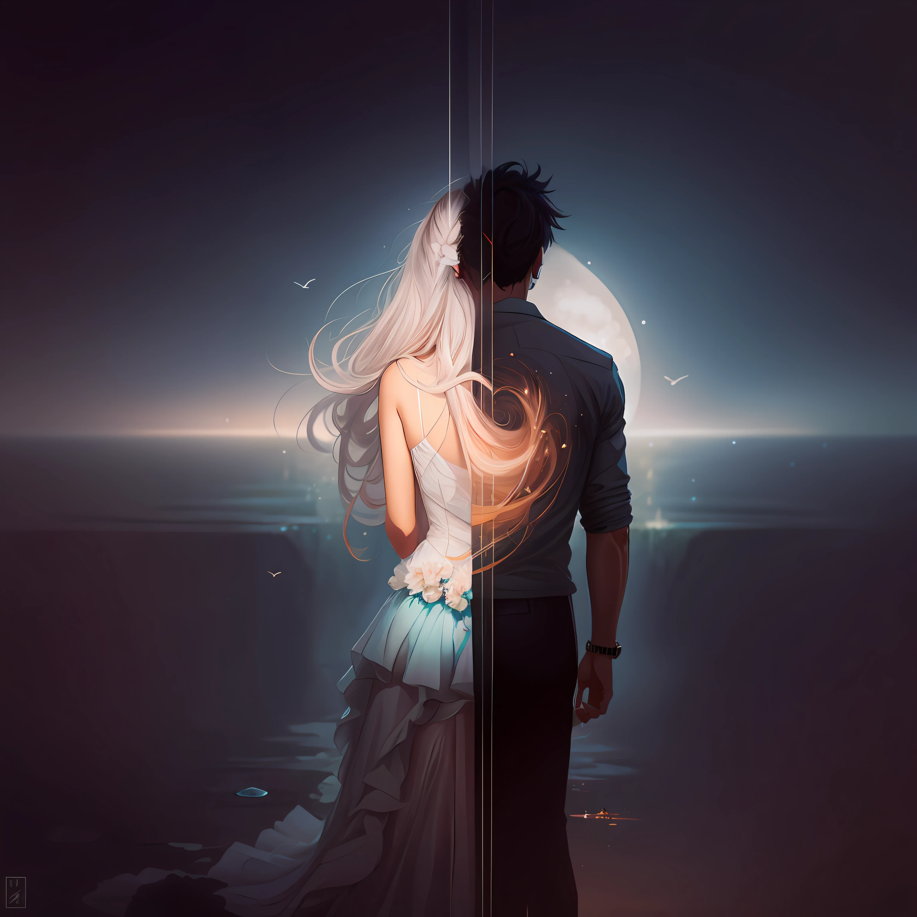 Il y a un homme et une femme debout devant un miroir, par Cyril Rolando, Dans le style de Cyril Rolando, inspired by Cyril Rolando, Cyril Rolando et Goro Fujita, Tumblr, beautiful digital artwork, gorgeous digital art, emotional picture, WLOP |, Manipulation de photos, photomanipulation, Cyril Rolando et M. w kaluta