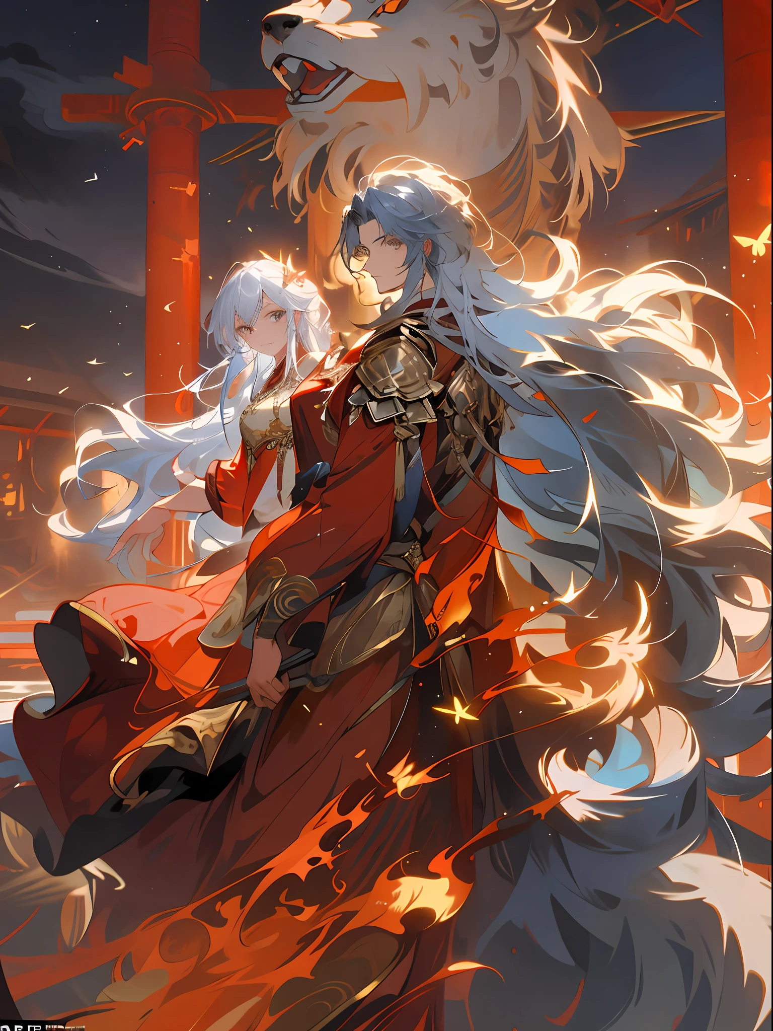 Oist,(tmasterpiece:1.2),best qualtiy, A beautiful woman,long and flowing hair,glittery, A long sword in his hand,,It emits a cold light, Surrounded by flames and lightning particles. The woman wears red and blue intersecting armor, Giant fox on the left,The majestic gesture and the surroundings are butterflies. Lightning surged around them, creating an opulent atmosphere. The image is in high definition,Capture the highlights of this epic battle