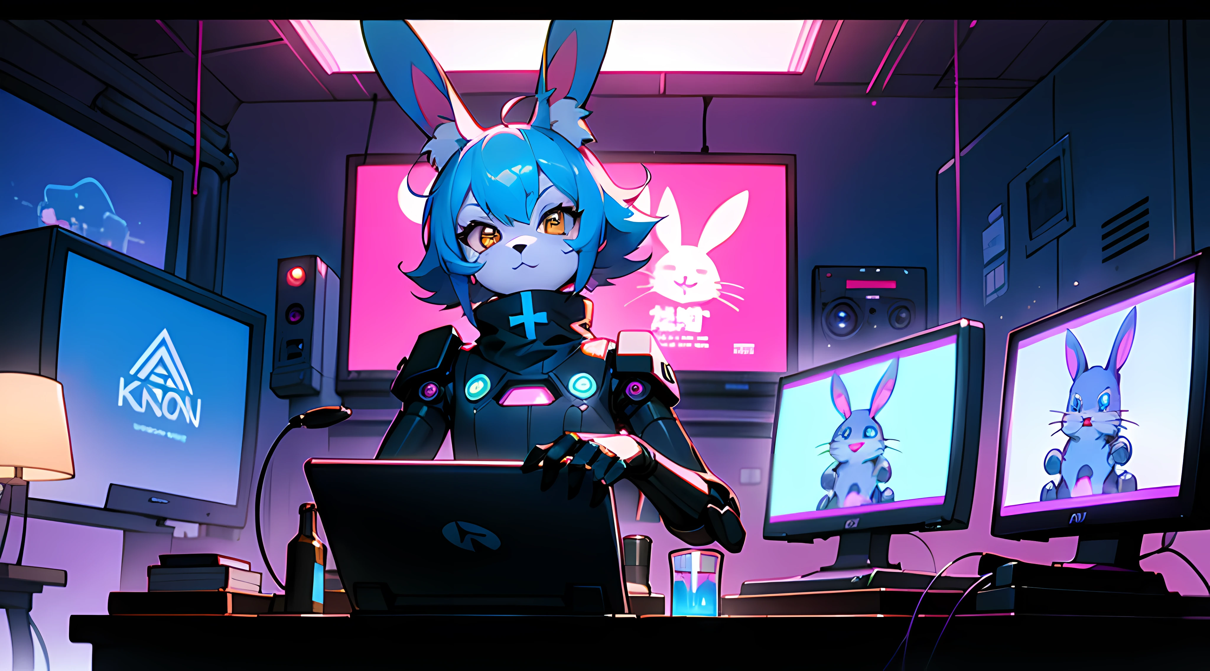 closeup on 80s crt vhs screencap of a cel animation still from a 1980s dystopian bna kemono anime about a cyberpunk anthro kemono furry blue rabbit girl who patrols the streets looking for criminal robots, cyberpunk art by Josan Gonzalez, behance contest winner, afrofuturism, synthwave, neon, glowing neon, (blame! style abandoned tech landscape), (Zen, Amy Sol style), (((beats to relax/study to))), (((Lofi anthro kemono blue-furred rabbit girl in power armor sitting in metal chair behind computer terminal, behind giant glass terminal screen, beats to relax/study to))), (((blue kemono beastars furry rabbit anime hacker with small soft furry paws))), (((suspended glass cyberpunk computer terminals with robot rabbit in background))), ((glowing cyberdeck screens)), (underground, dark, foggy, perilous, abandoned dystopian apartment bedroom, deep windows), (abstract anthro rabbit figure wearing bunny ears), cover art with light abstraction, abstract, simple vector art, contemporary Cybernetic art, color gradients, soft color palettes, layered forms, whimsical animation, style Ethereal abstract, 4K, --v6
