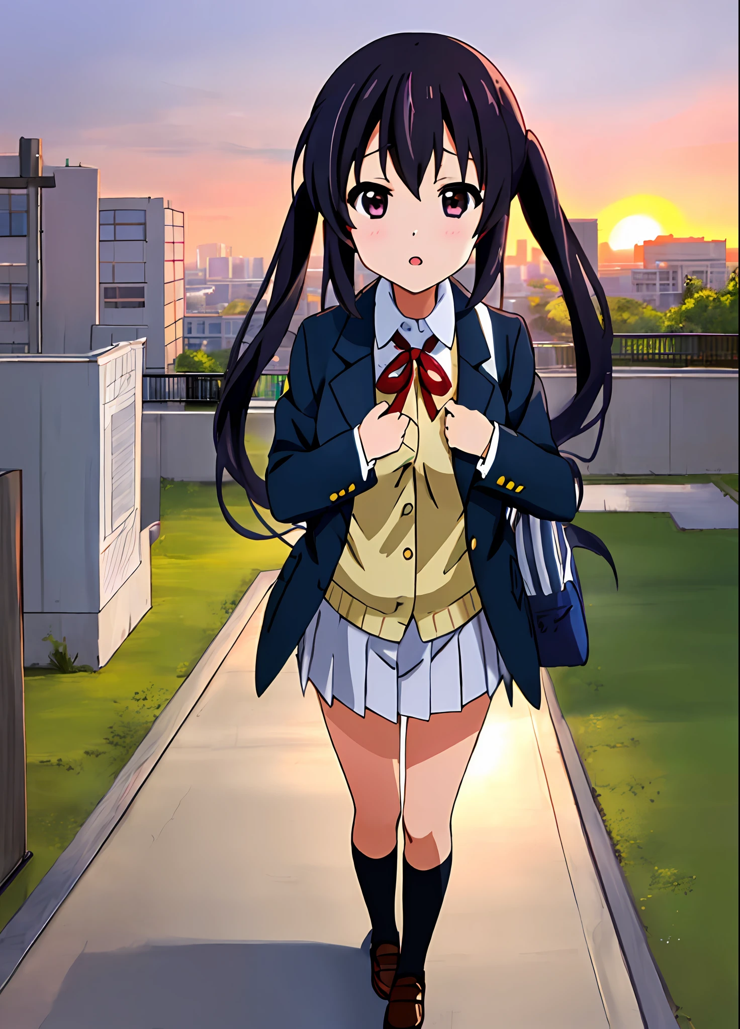 1girl in, (((masterpiece))), top-quality, top-quality, high details, nakano azusa, 1girl in, Sakuragaoka High School Uniform, student clothes, Twin-tailed, length hair, A dark-haired, Brown-eyed, 独奏, reddish, Dark blue blazer with thin red ribbon, Solid white buttoned shirt under blazer, illustratio, comic strip, Soothing tones, Subdued Color, Soft cinematic light, adobe lightroom, Photolab, nffsw, intricately and hyper-detailed、(((depth of fields))))。(((masterpiece)))。(((top-quality))).)((ultra-detailliert)))。(((illustratio)))。(((takeout))).Dynamic Focus.big breasts.(((highrise buildings))).(((A city scape))).(((Face of sadness))). Open mouth.(((put hands on the hip))).(((up chest))).((evening glow)).((the setting sun)).
