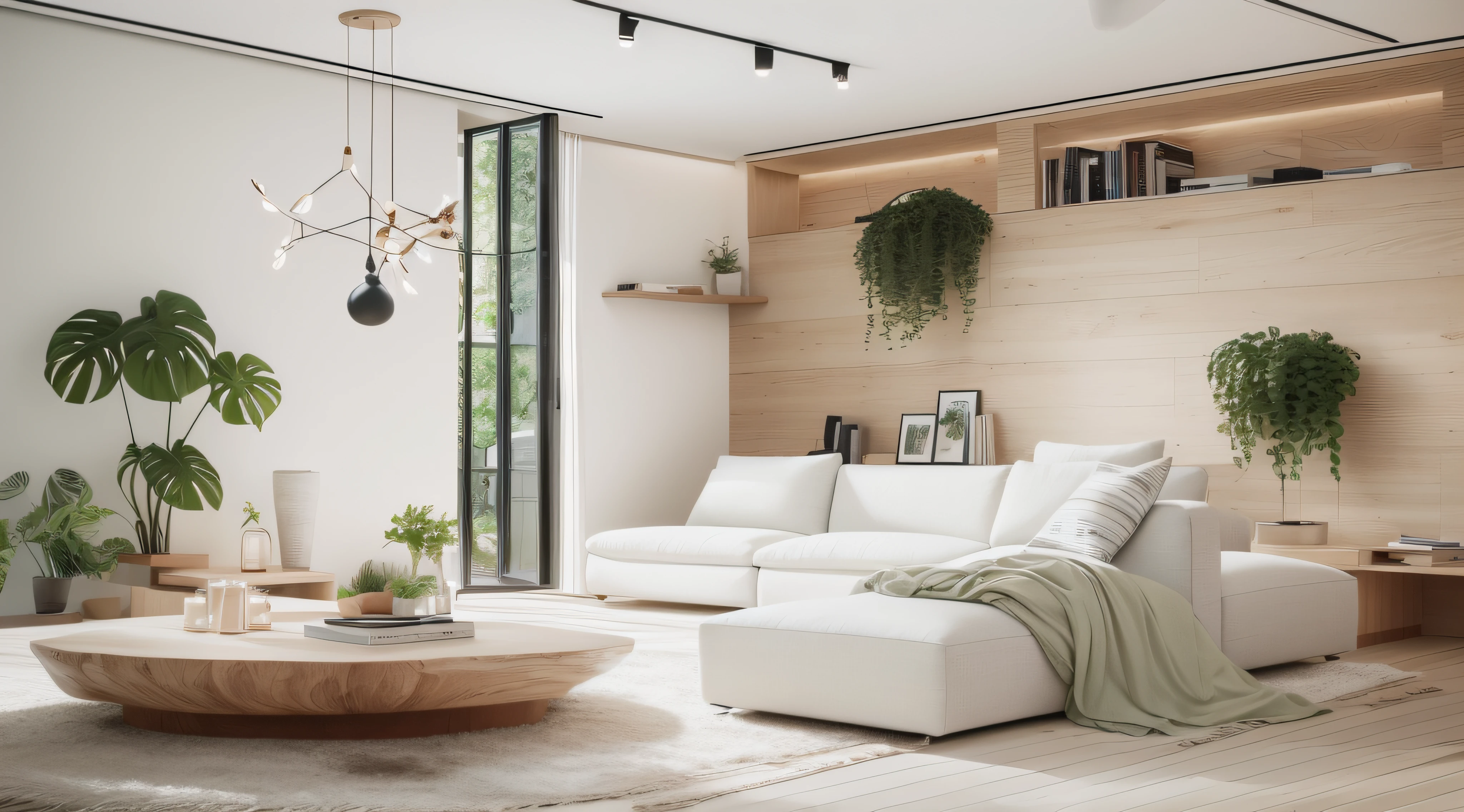 Modern living room,White sofa,Wooden coffee table,TV background wall,tvp,floor to ceiling window,the soft light,Greenery,minimal style,ultra-modern,tmasterpiece,A high resolution,16k