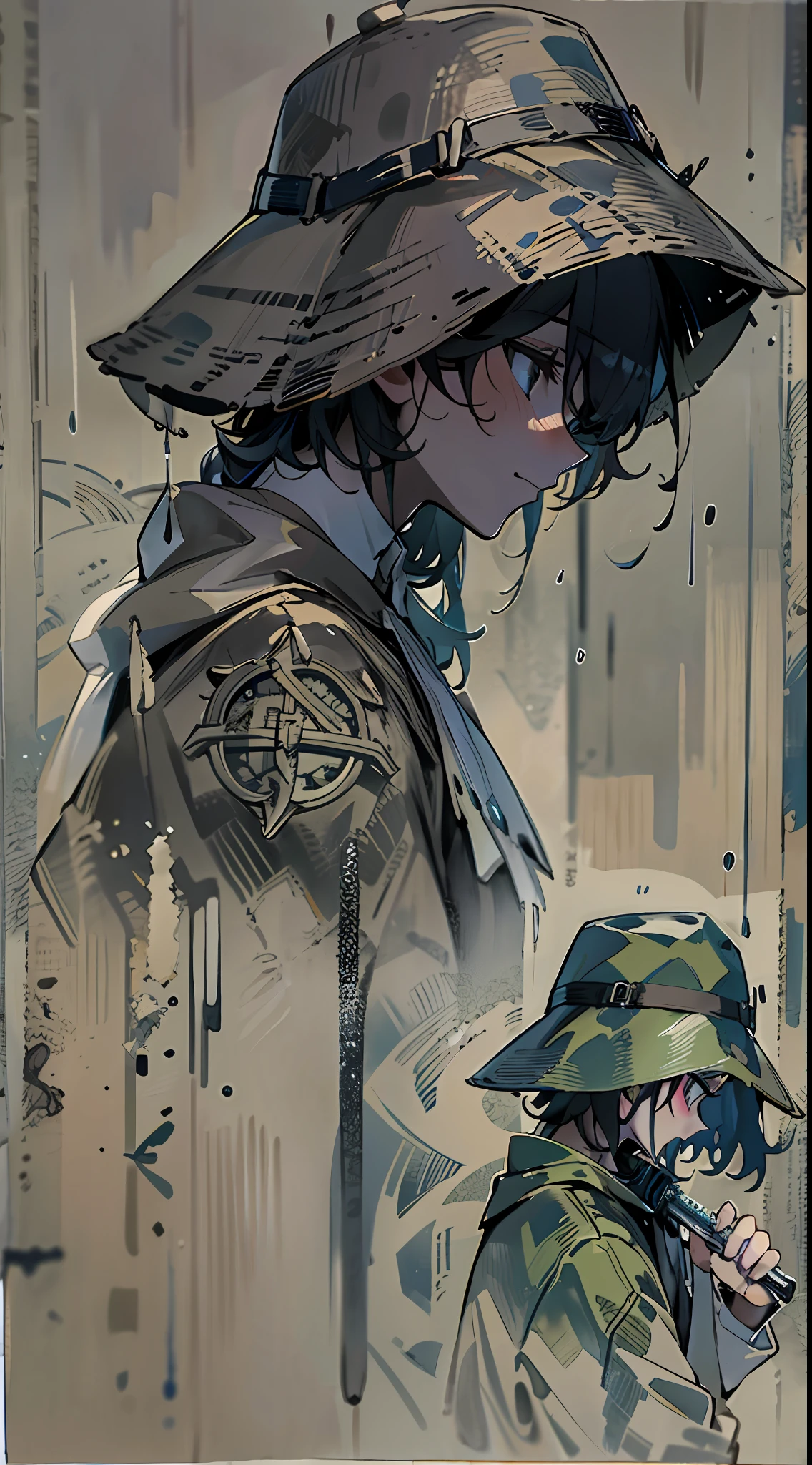 bucket-hat,mtu,Back shadow,He carries a long knife at his waist,Rear long rifle,desolated,Highest image quality,filigree,Ink wind,rain,Back Shadow