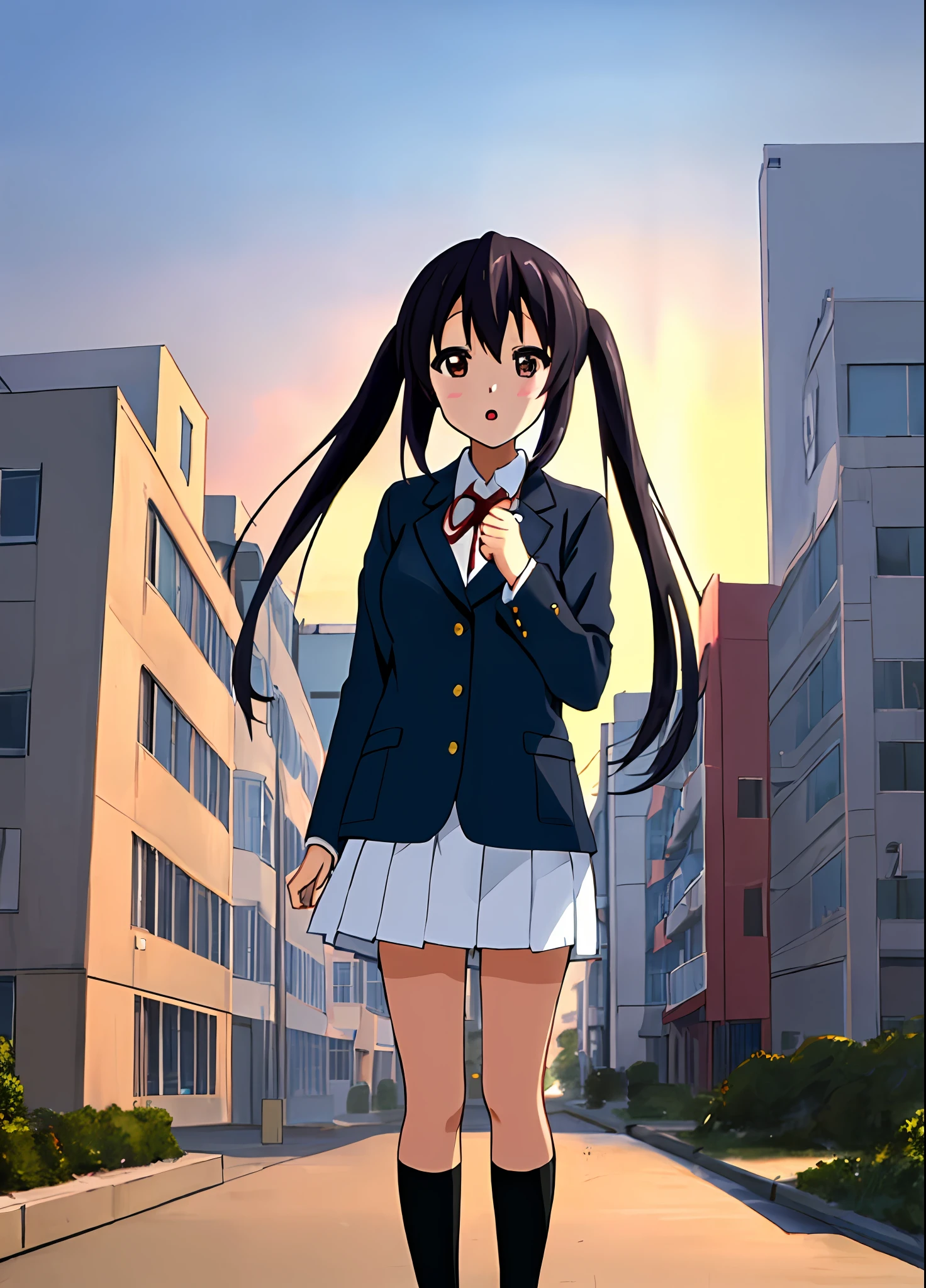 1girl in, (((masterpiece))), top-quality, top-quality, high details, nakano azusa, 1girl in, Sakuragaoka High School Uniform, student clothes, Twin-tailed, length hair, A dark-haired, Brown-eyed, 独奏, reddish, Dark blue blazer with thin red ribbon, Solid white buttoned shirt under blazer, illustratio, comic strip, Soothing tones, Subdued Color, Soft cinematic light, adobe lightroom, Photolab, nffsw, intricately and hyper-detailed、(((depth of fields))))。(((masterpiece)))。(((top-quality))).)((ultra-detailliert)))。(((illustratio)))。(((takeout))).Dynamic Focus.big breasts.(((highrise buildings))).(((A city scape))).(((Face of sadness))). Open mouth.(((put hands on the hip))).(((up chest))).((evening glow)).((the setting sun)).