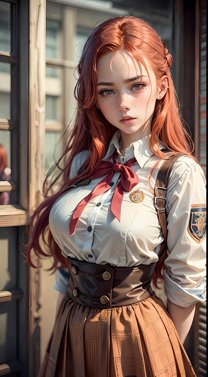 Hard breast, redhead, red hair, freckles, long straight hair, European youth, (japan school uniform), detailed face, detailed eyes, fashion photorealism, photography, sharpness, unique 850 4, rich color, hyperrealistic texture, spectacular light texture, surreal art, Cinestil 800 fashion mechanism, wide shot