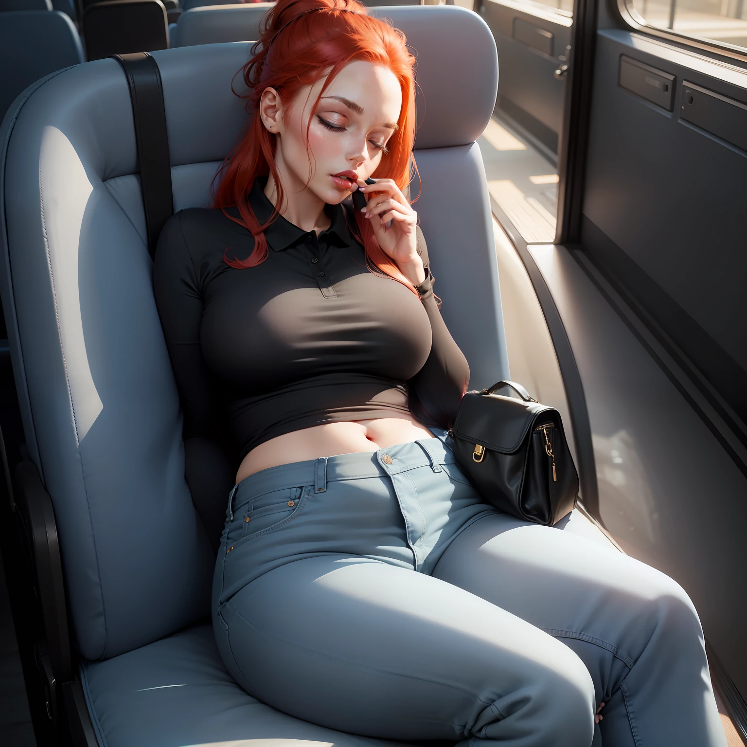 Beautiful woman, tight blue jean, black long-sleeved polo shirt, blue handbag, sneakers, sleeping with her mouth open, red lips, sleeping on the bus, red hair, curvy woman, head resting on the seat, hair tied up