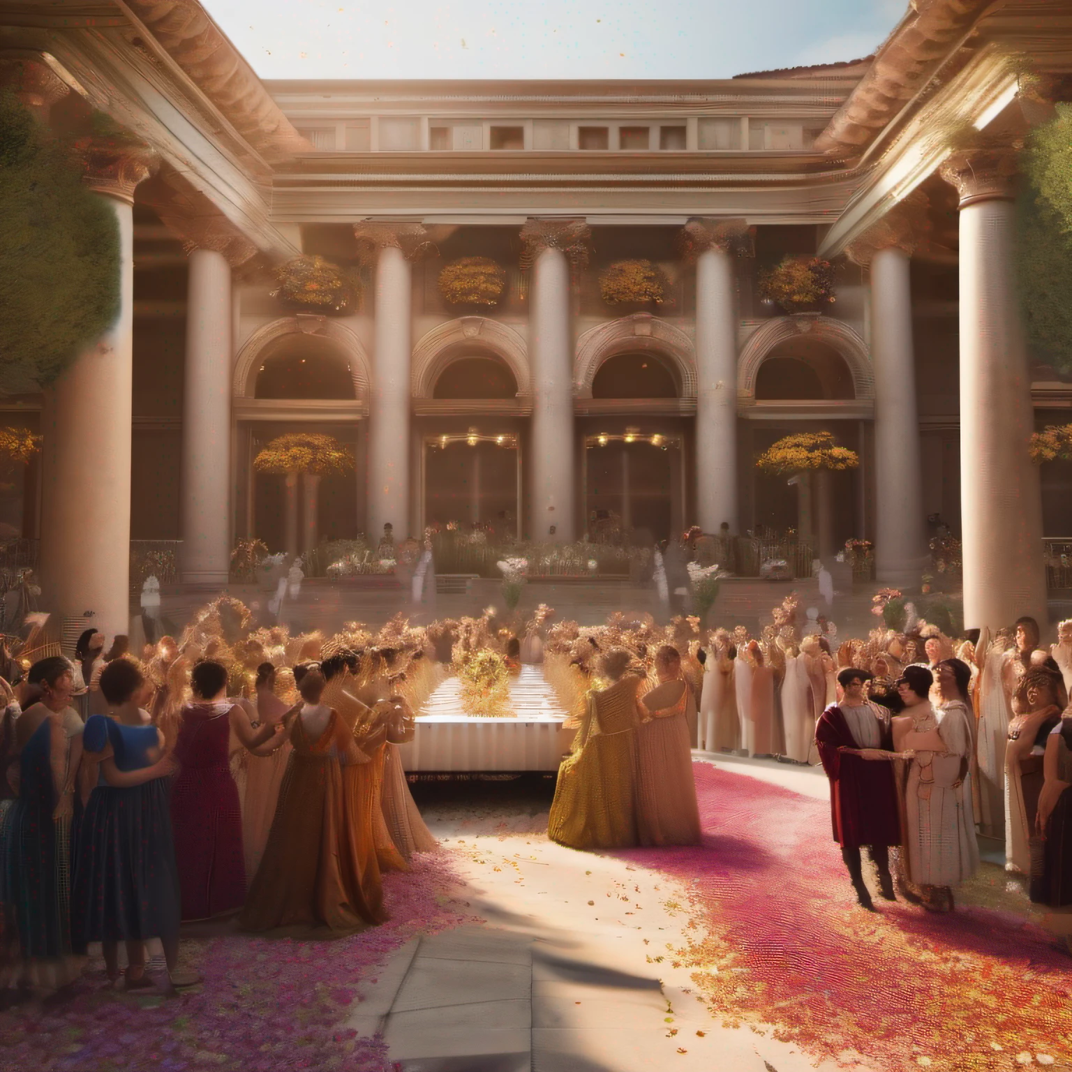 A photo-realistic scene of Elagabalus hosting an extravagant party in ancient Rome, the grand banquet hall adorned with luxurious decorations, guests dressed in opulent attire, and the air filled with joy and laughter. Elagabalus stands at the center, throwing handfuls of vibrant flowers and gold coins into the air, showering the delighted guests in a mesmerizing display of abundance, Photography, high-resolution 8K camera with precise lighting and focus,