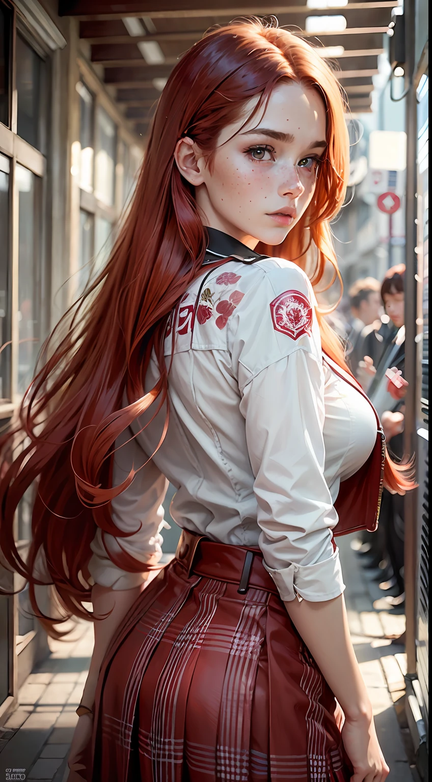 Hard breast, redhead, red hair, freckles, long straight hair, European youth, (japan school uniform), detailed face, detailed eyes, fashion photorealism, photography, sharpness, unique 850 4, rich color, hyperrealistic texture, spectacular light texture, surreal art, Cinestil 800 fashion mechanism, wide shot