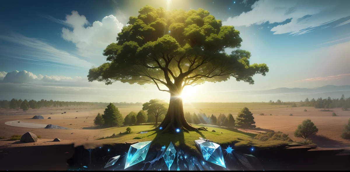 Remover o fundo da arvore,leaving only the ultra realistic tree and with a blue crystal in the middle of the tree,with blue rays and lights coming out of the crystal and going into the tree