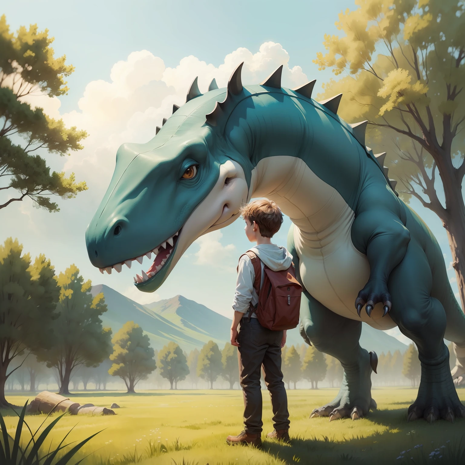 There is one boy in a nearby meadow dinosaur watercolor high quality