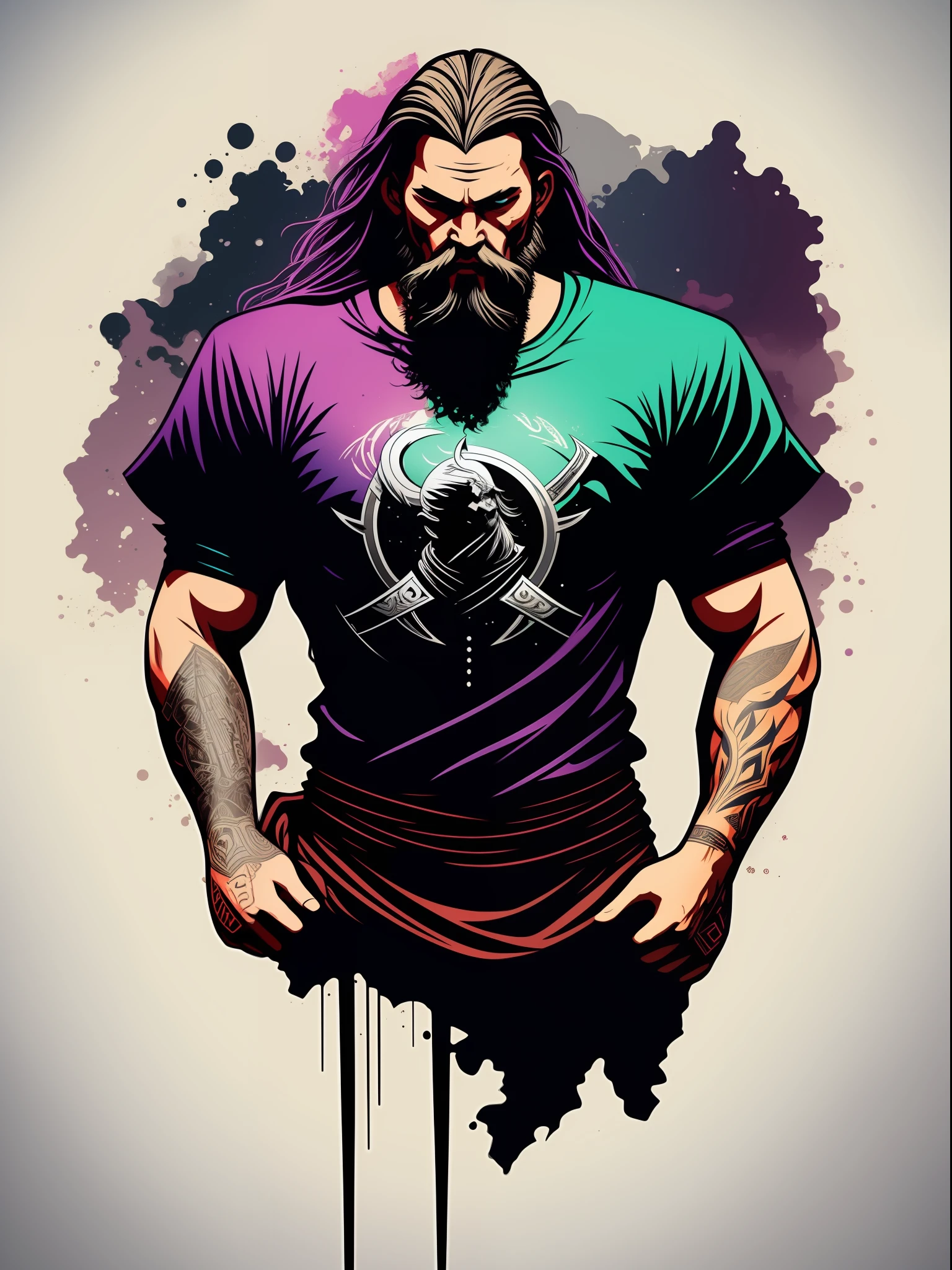 viking man, 2D t-shirt art, Cyberpunk, epic illustration, vector, 2d illustration, black background, very colorful, full gradient modern colors, Focused, front view
