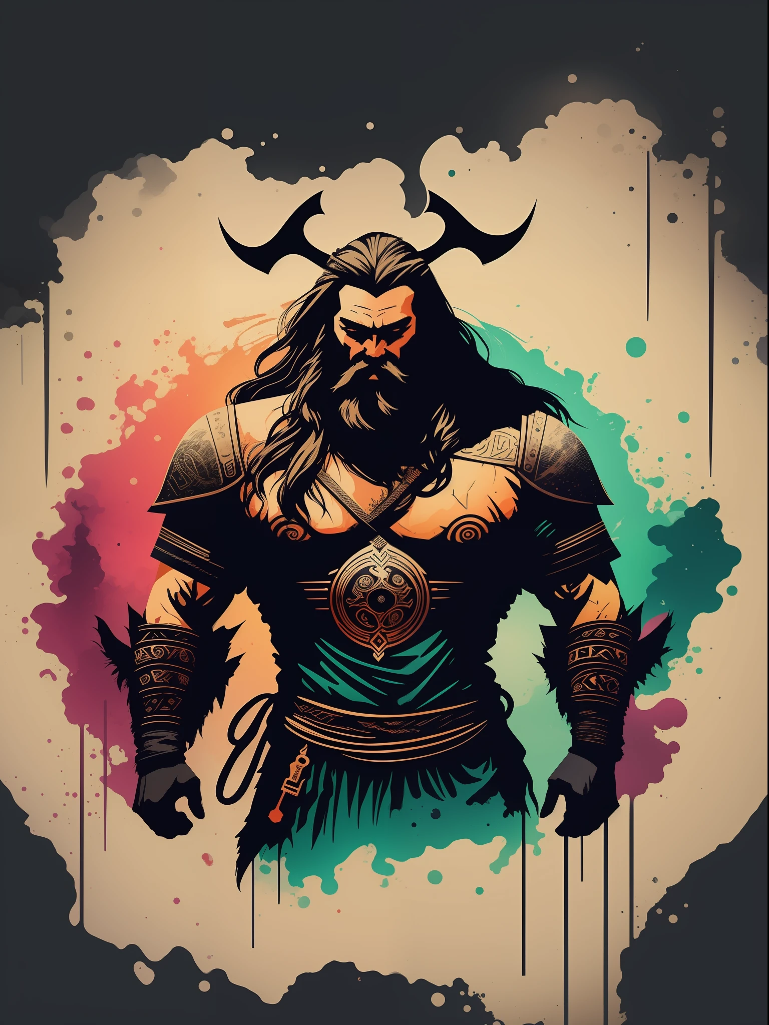 viking man, 2D t-shirt art, Cyberpunk, epic illustration, vector, 2d illustration, black background, very colorful, full gradient modern colors, Focused, front view