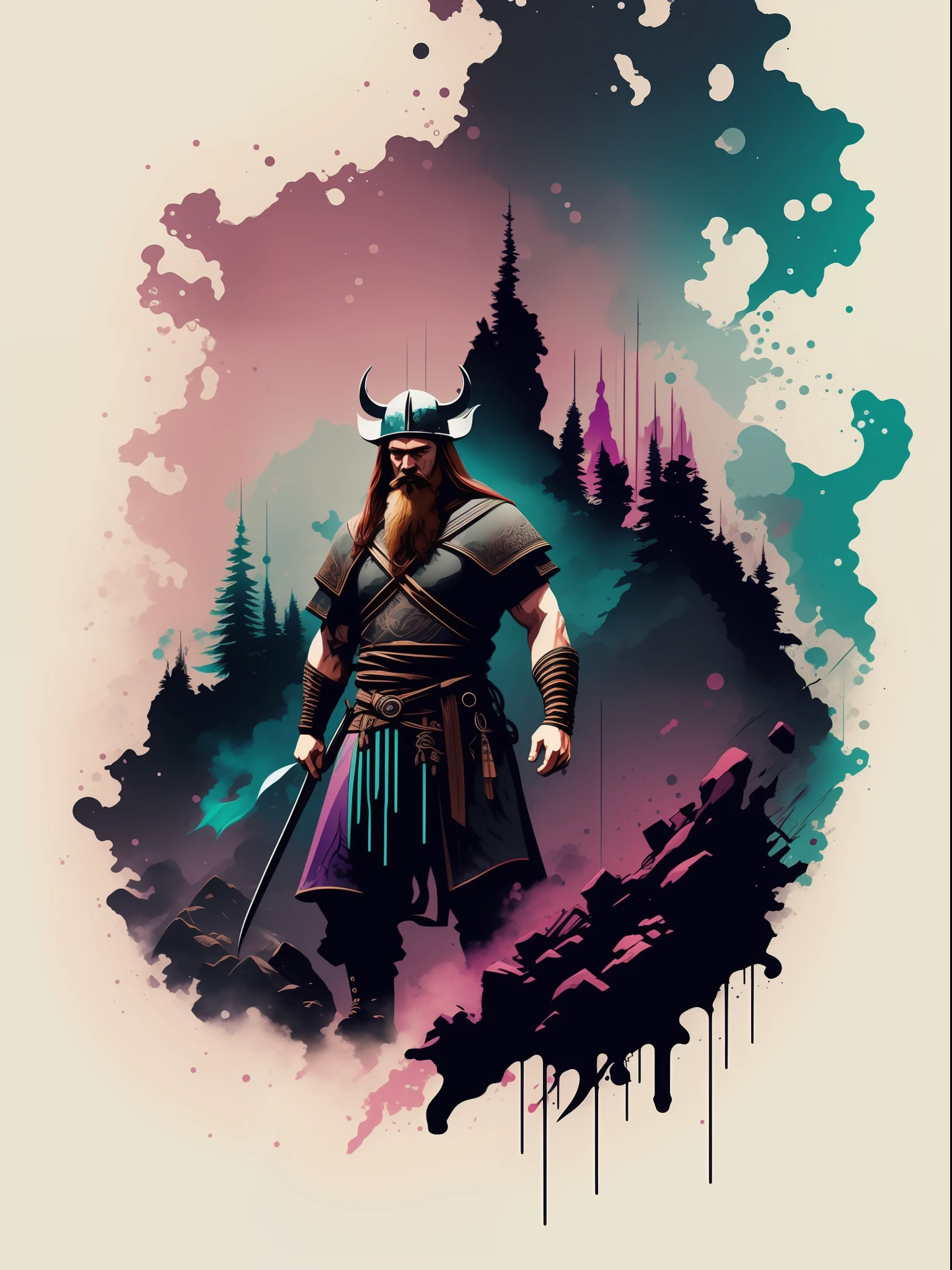 viking man, 2D t-shirt art, Cyberpunk, epic illustration, vector, 2d illustration, black background, very colorful, full gradient modern colors, Focused, front view