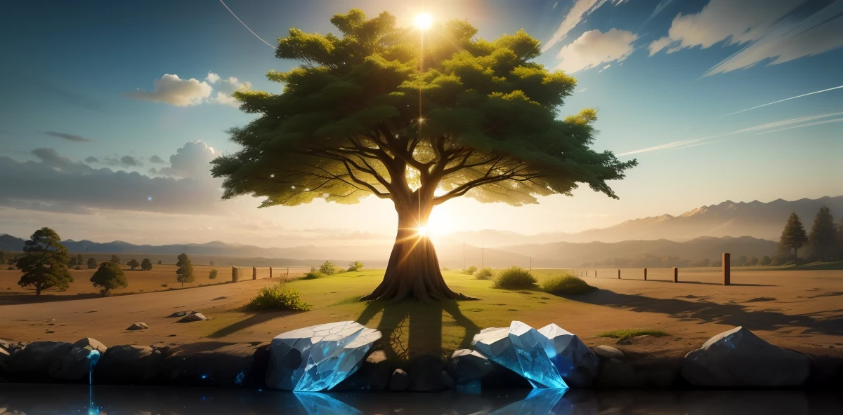 tirar a luz do sol, leaving only the tree ultra realistic and with a blue crystal in the trunk of the tree, com raios azuis e luzes saindo do cristal