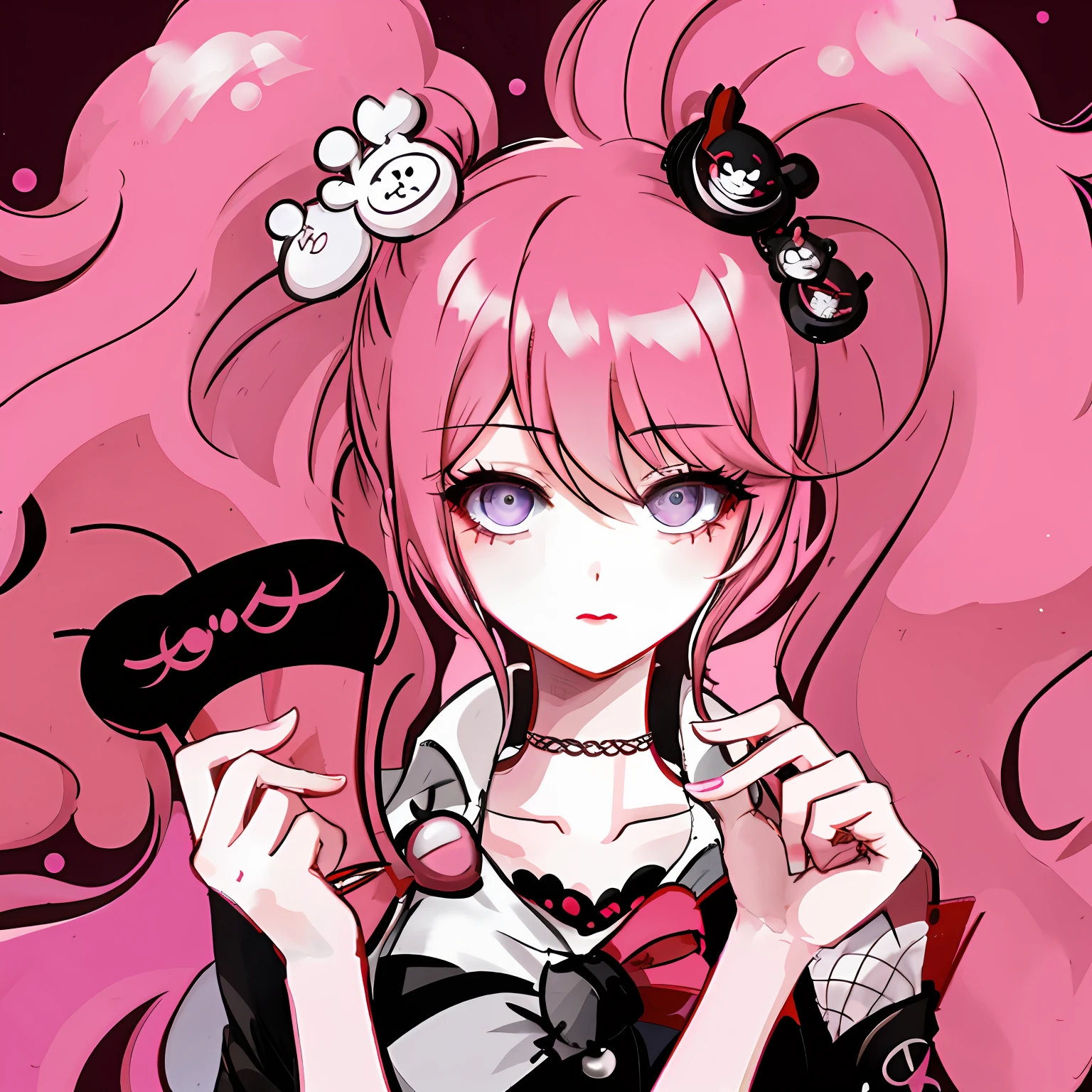 sexy yae miko ,Junko Enoshima, hair between eyes, pink hair, red lips, black background