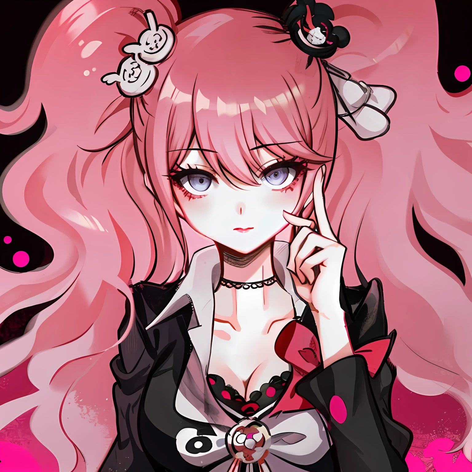 sexy yae miko ,Junko Enoshima, hair between eyes, pink hair, red lips, black background