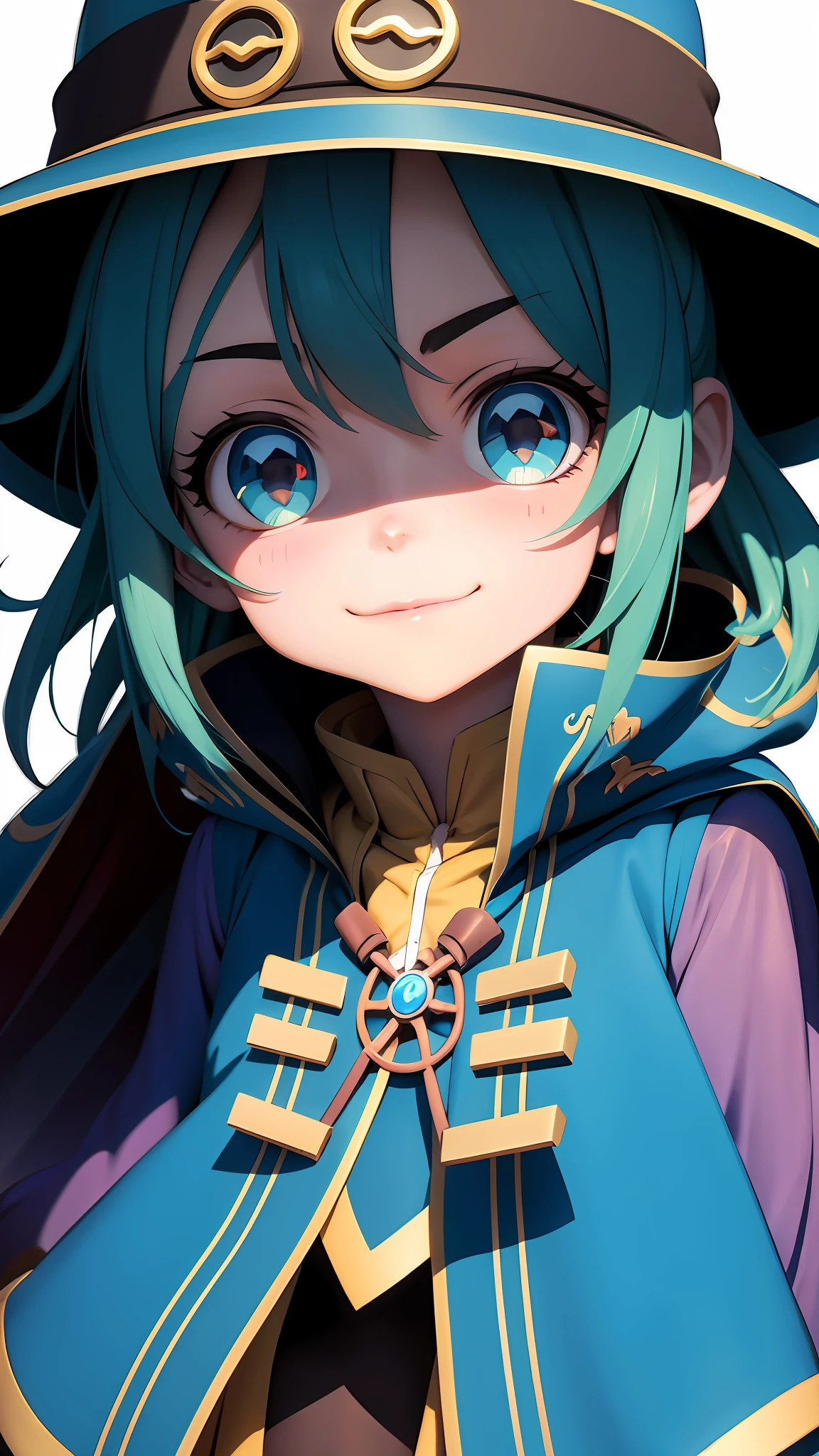 Anime girl with a hat and a coat in, menina alquimista, anime moe artstyle, arte detalhada do personagem de anime, Aqua, Konosuba, estilo anime konosuba, personagem de anime, personagem de anime feminino, 2 d estilo anime, cunning expression, sorriso roguish, de touhou, Preto - Mago Cabelo, Um retrato anime de Cirno
