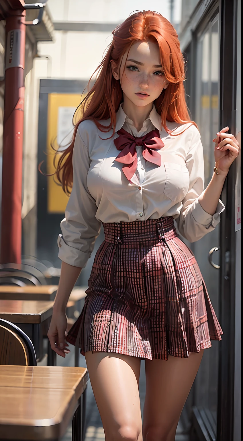 Hard breast, redhead, red hair, freckles, long straight hair, European youth, (japan school uniform), detailed face, detailed eyes, leg focus,  fashion photorealism, photography, sharpness, unique 850 4, rich color, hyperrealistic texture, spectacular light texture, surreal art, Cinestil 800 fashion mechanism, wide shot