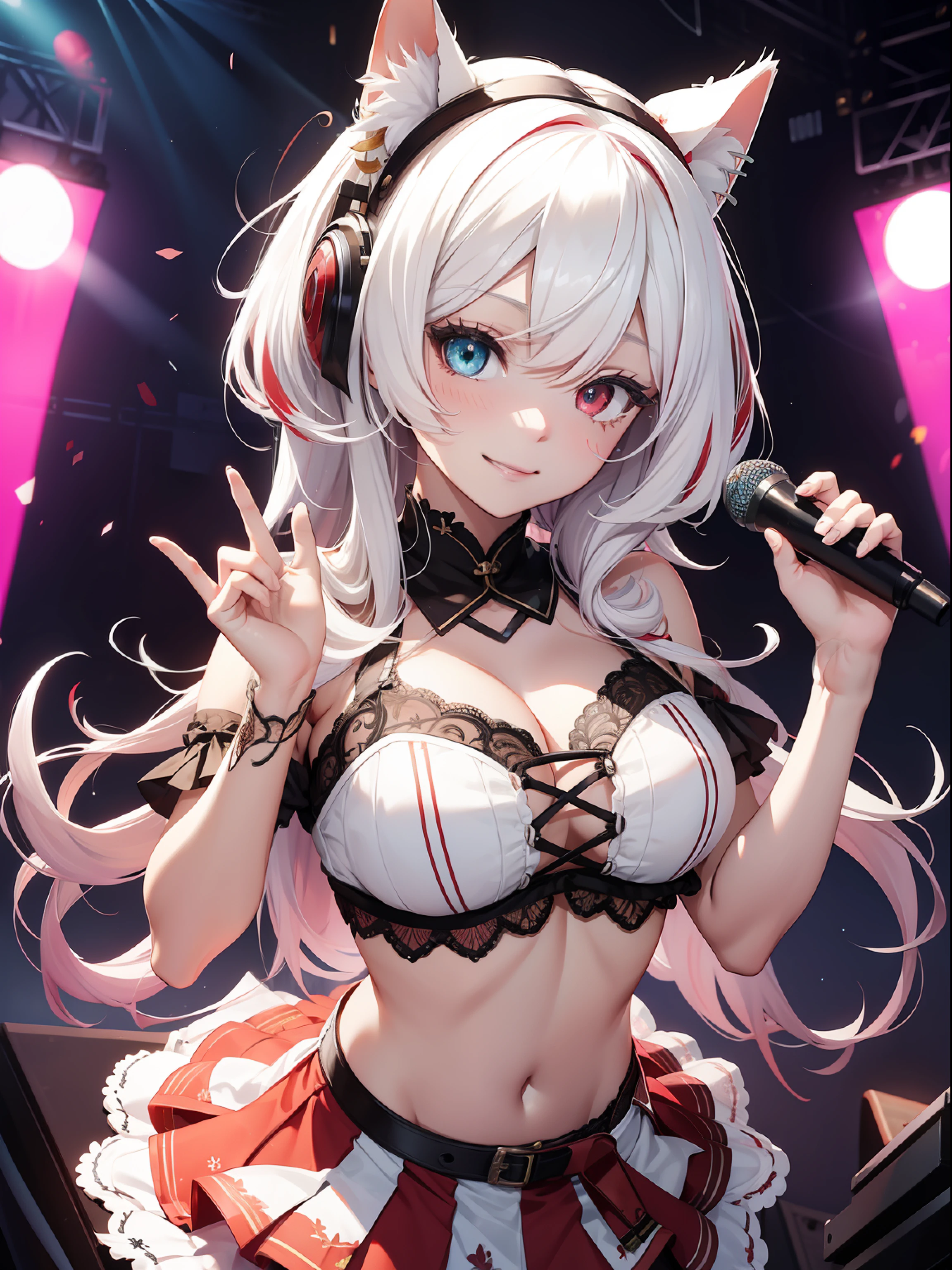 absurderes、ultra-detailliert、masterpiece、top-quality、BREAK、Official art、(Beautifully Aesthetic:1.2)、(watercolor paiting:Curly)、BREAK、Devilish Pretty Girl 1.2、a beauty girl、(kawaii:⒈3)、、BREAK、((Red and white hair color:1.4))、BREAK、striated hair、((Random hairstyle:1.2))、(Splash)、(フラクタルアート1.3)、BREAK、Cat's ears、A sexy、(Ultra-detailed hands and fingers:1.2)、BREAK、(Carefully written hands and fingers)、((Chinese ruffled skirt and open chest((colourfull)):1.2))BREAK、((heterochromia iridis、BREAK、Variegated eyes))、BREAK、Since a while ago:1.2、randome pose、BREAK、((stick out buttocks))、shyly smile、red blush、Happy smiling face、BREAK、Look at viewers、((Cute with super complex embroidery pattern((blanche))lace string panties:1.2))、BREAK、((AI Concert:1.4))、BREAK、BREAK、Lighting with neon glow on ultra-detailed background、BREAK、(Get professional and best stage backgrounds:1.2)、BREAK、profetional lighting、BREAK、Singing with microphone in hand、((Panchira:1.2)) Skirt Lift Up:1.2、Fan Service