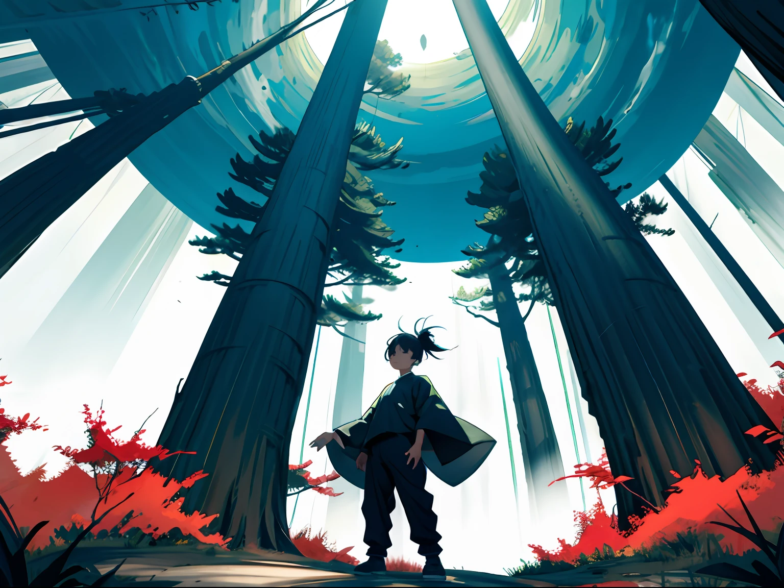 Satoru Gojo, camisa preta, Standing on a forest path, Holding out your hands while meditating, with a happy expression, the background is the trees and the sky, But there are wormholes in the ground, cercados por chamas azuis, raios dourados e vermelhos, movimento de alta velocidade, Panoramic Emergency, Express dynamic, multi-angle light and shadow effects, generate detailed 16K level images.