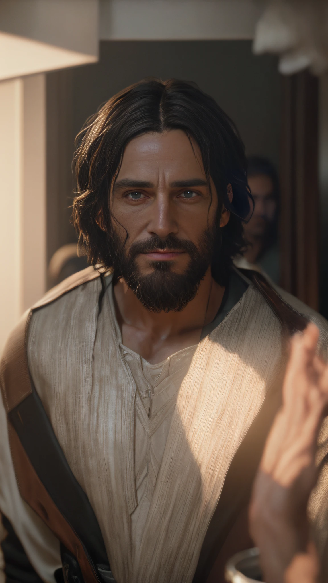 jesus is holding his hands up in a room with people, 8k portrait render, jesus christ in mass effect, small character. unreal engine 5, cinematic realistic portrait, detailed cinematic render, rendered in corona, unreal engine character art, rendered in unreal engine 5, photorealism 8k, cinematic still in adam | unity, detailed cinematic shot, fine details 8k octane rendering