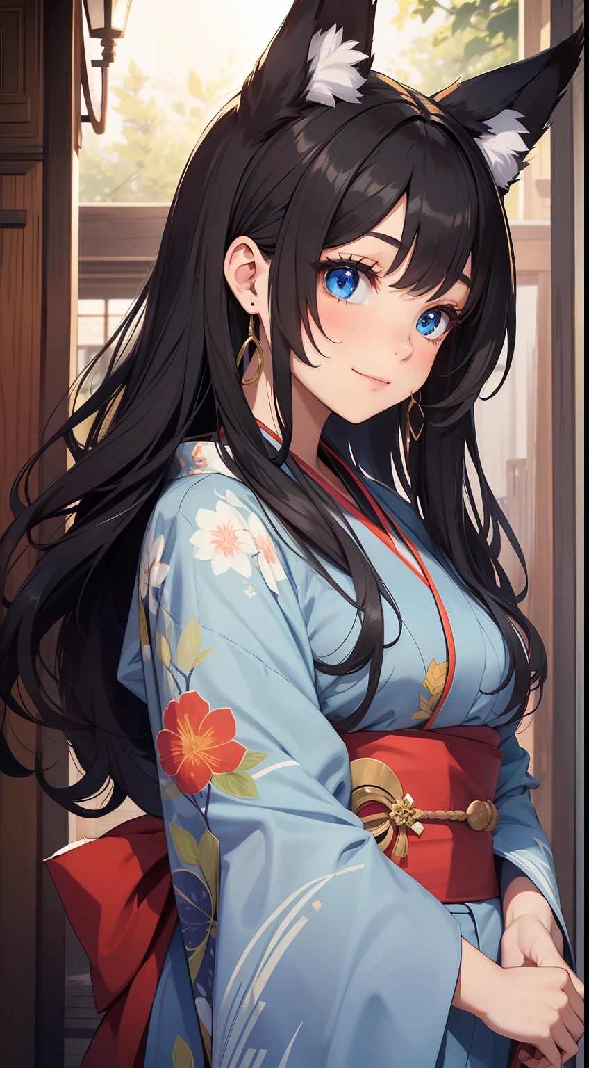 young girl, long curly black hair, Fox ears, Foxtail, blue eyes, open kimono, ssmile, Masterpiece, hiquality