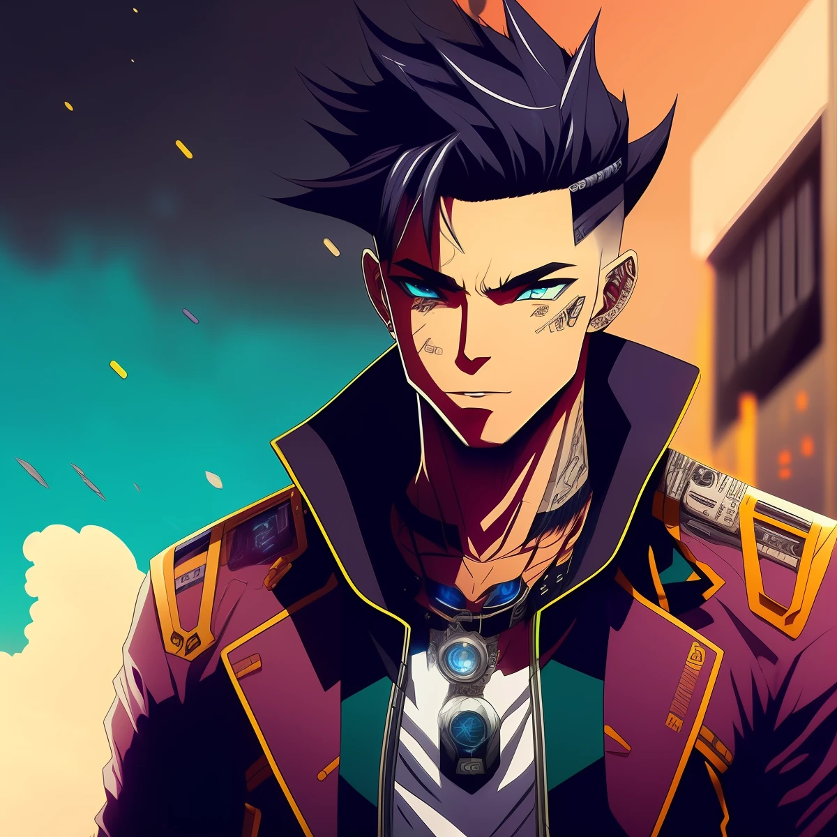 Personagem anime masculino sombrio cyberpunk de capuz preto com fundo azul